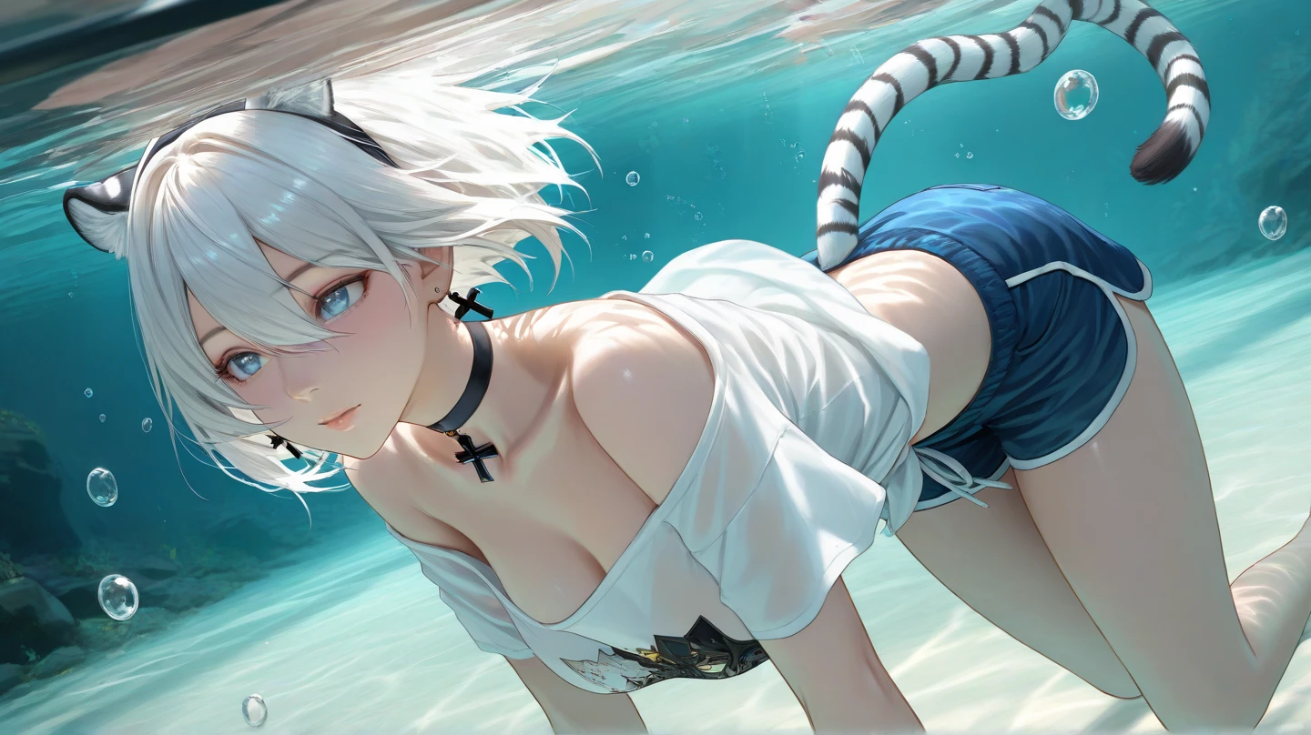 1girl,Solo,Umamusume,Zebra_print,White_eyes,multicolored_hair,messy_hair,(White_hair),Black_hair,Short_hair,Neck_bell,sea,bikini,shiny_skin,underwater,swimming