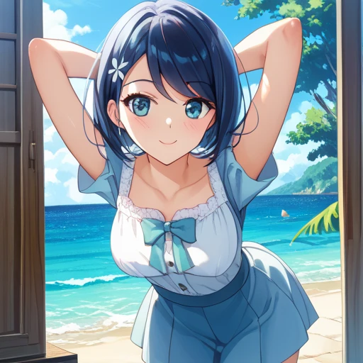 CG, Unity, 8k, wallpaper, highest quality, masterpiece, haruka amami, (smile: 1.2), 1 high school girl、Black Hair、Curly Hair、Blue Eyes、Dense lips、Sit on the veranda, Black camisole BREAK denim shorts, barefoot, Thighs, Sweat, Best lighting, Complex pupil, Complex weaving, Detailed Background, Japanese countryside,