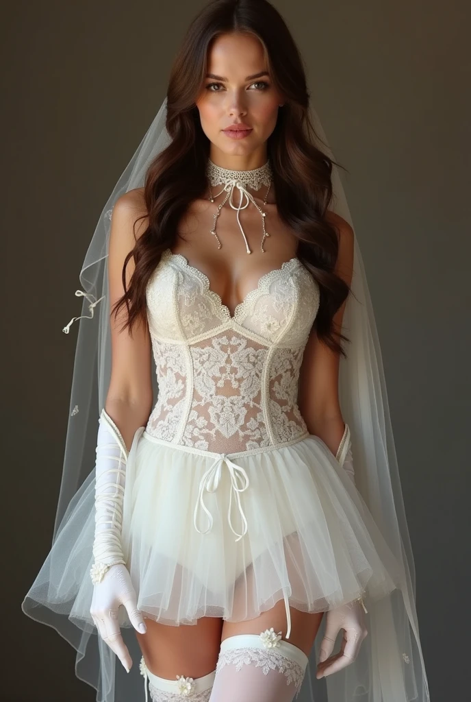 The gown is a masterpiece of tulle, lace, and beads, creating a voluminous and opulent silhouette that gleams under the light. The bodice is fitted and embroidered with intricate silver beading, while layers of wispy tulle fan out from the waist to create a fairy-tale like appearance. The gown is the epitome of drama and glamour, perfect for a Cinderella-inspired masquerade ball from Valentino brand. The mask, a work of art in itself. The mask is crafted from white lace, encrusted with shimmering pearls and iridescent sequins. It is adorned with delicate ribbons that flutter softly like the wings of a fairy, creating a striking contrast against the white gown. Brand was Gucci. Full photo body overall