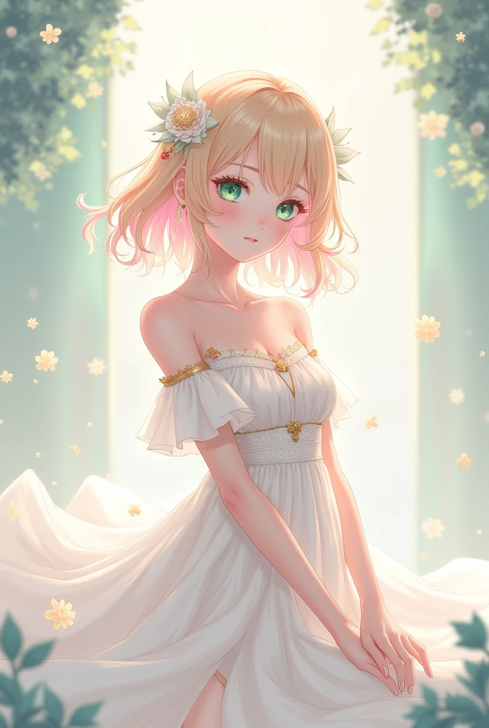 (巨作:1.2), (Best quality:1.2), 1girll, (Single person:1.2),Cowboy shot, Upper body body,(Cinematic light:1.2),(Perfect Hand 1.5), Slender beautiful legs,Golden hair,short detailed hair,Wear white flowers on your head,Playful,Hide hands,(Prairie under the stars:1.2),lumnious_Genshin_impact,