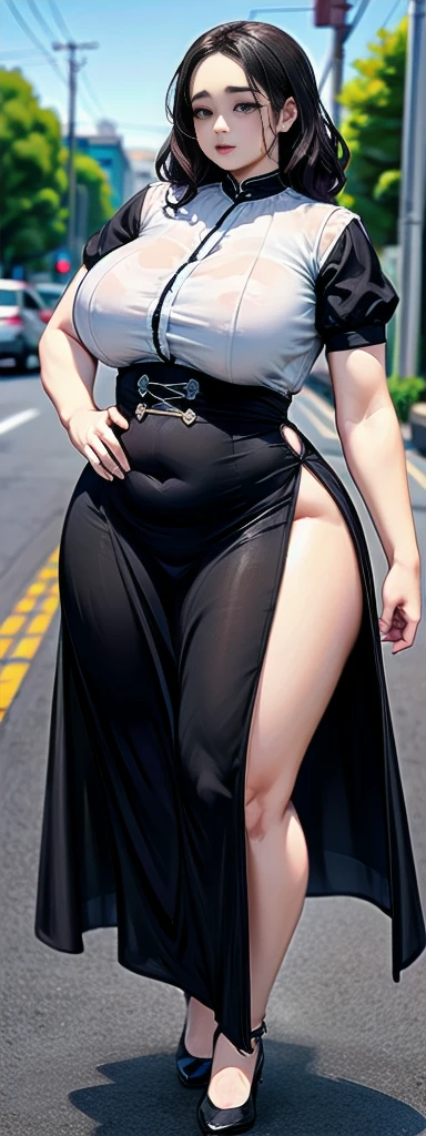 Milky white skin woman in black dress and hijab walking down the street, , hijab outfit, , hijab fashion model, plus size, plus size woman, , woman in black robes, beautiful woman, thicc, black outfit,, bbwchan , white sneakers , Height 170 cm, beautiful woman, with a beautiful appearance, a very beautiful masterpiece, a masterpiece of art, good lighting, Bright colors, Clean lines, naked.