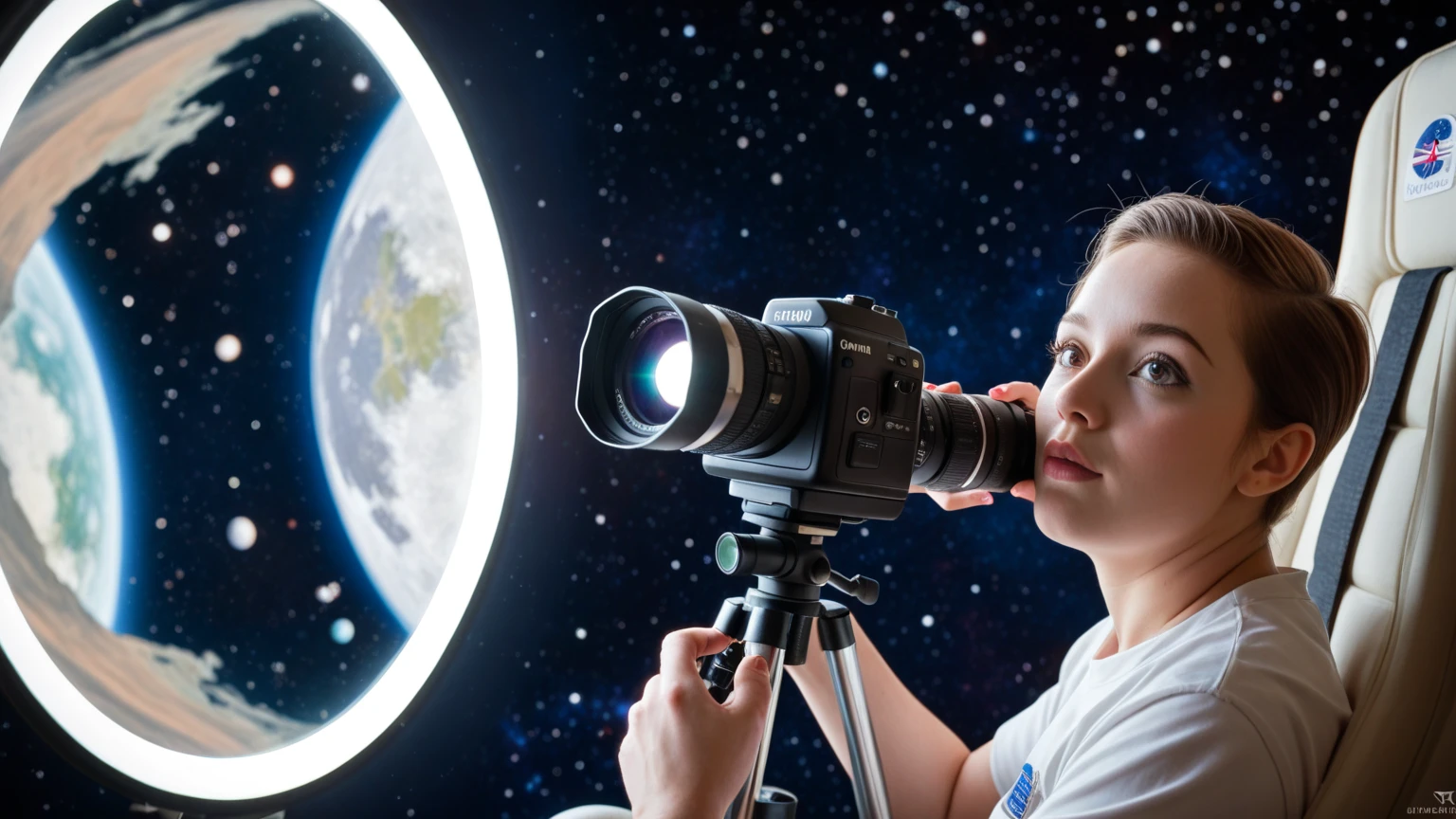 Red-haired girl winged boy with pearly skin looking at the stars with a telescope