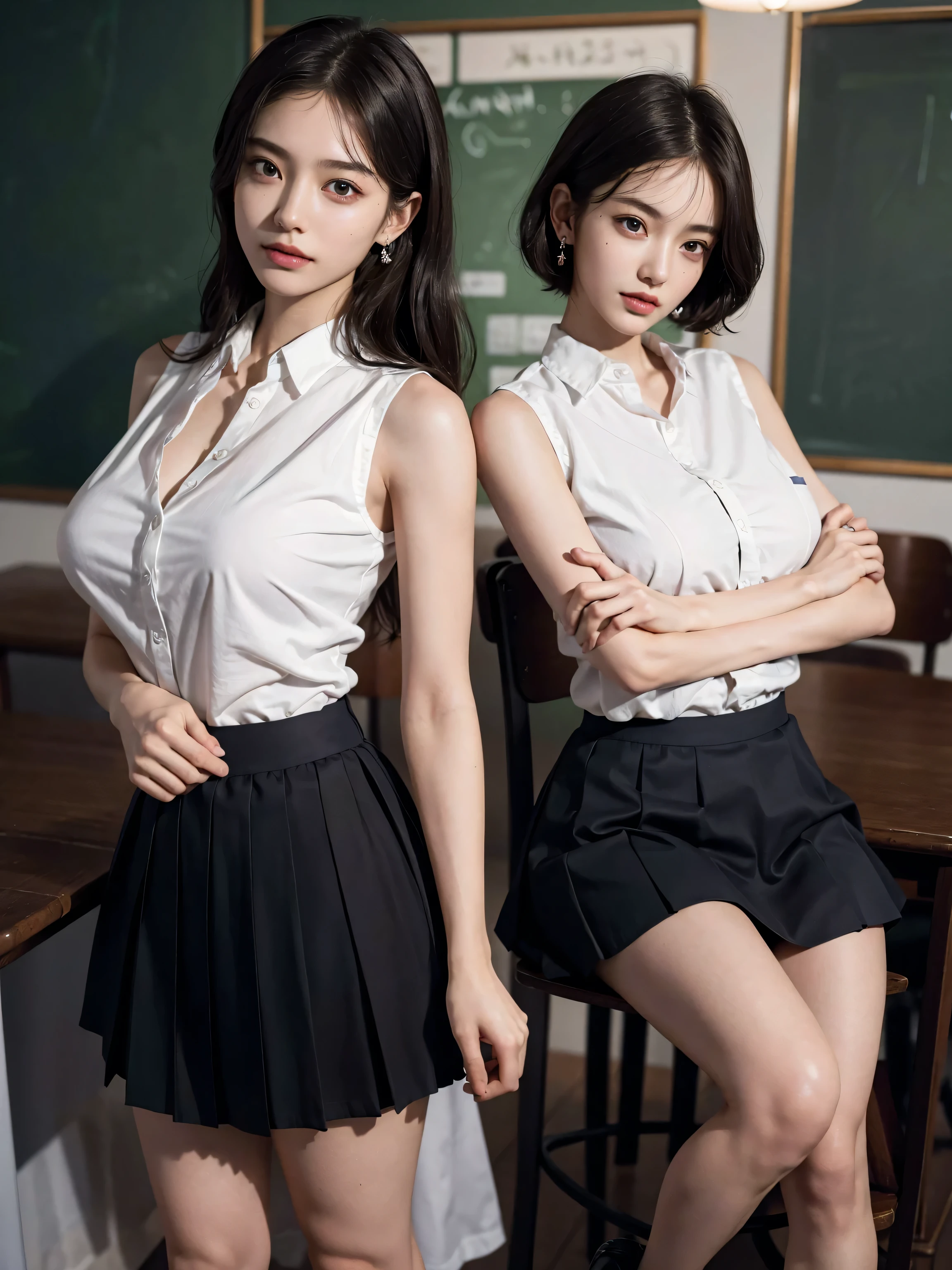 disorganized, RAW photo, very delicate and beautiful, masterpiece, highest quality, ultra high resolution, 16k, surreal, super detailed, perfect anatomy, super dense skin, perfect figure, Highly detailed CG 8k wallpaper, 20's, very slim body, (tight waist:1.2), very small head, very small face, delicate features, tearful mole, earrings, thin legs, (very huge round breasts:1.2), (3 girls:1.2), full body shot, short hair, wavy hair, (school uniform:1.2),