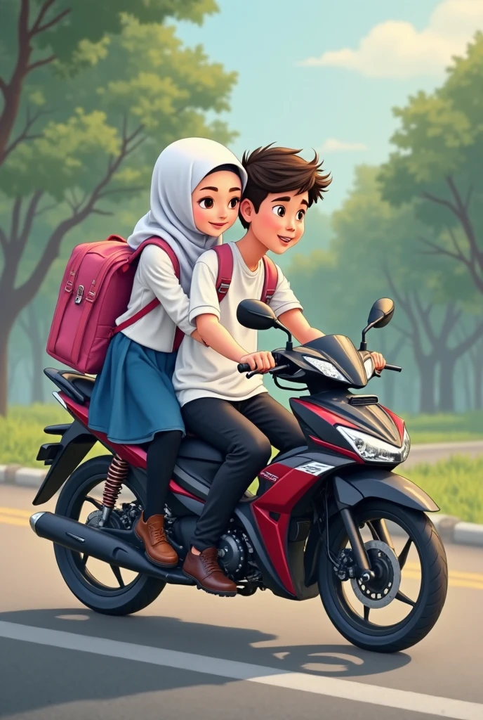 An malay boy wear black shirt with brown jacket with black helmet on his head is sitting on a blue scooter with a girl who wear a black churidar with pink dopatta behind him and a street lights at night backgtound view
