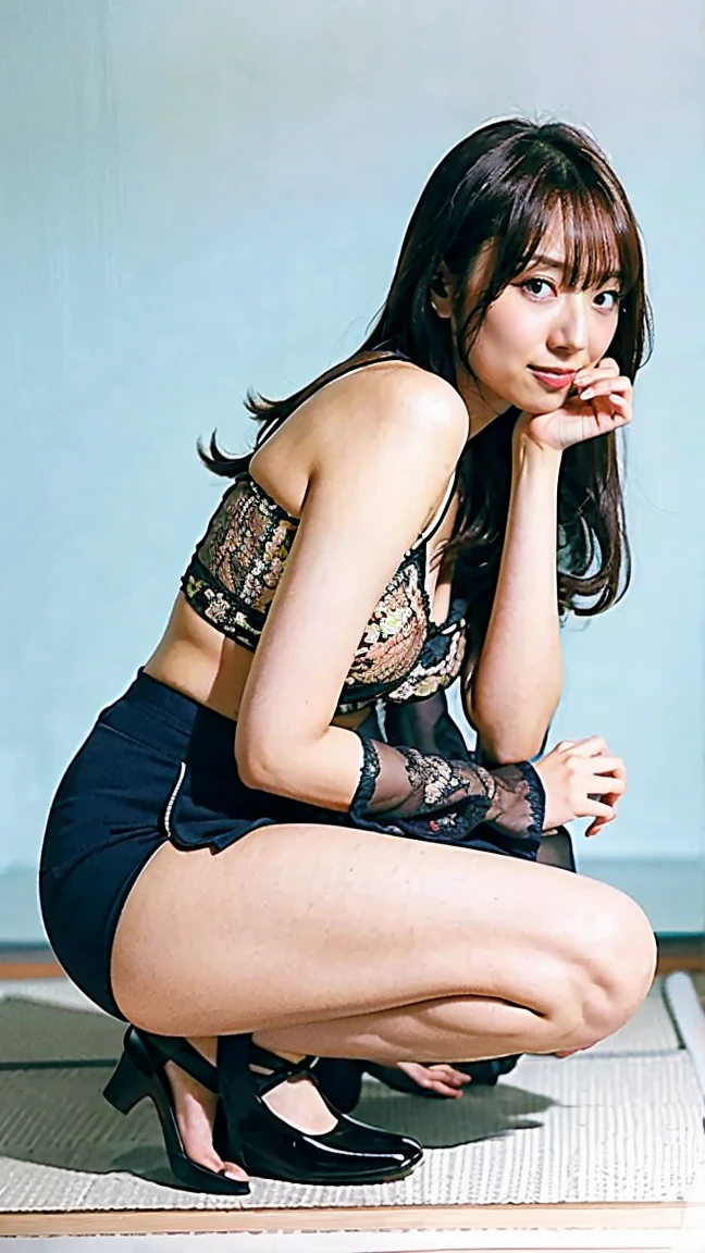 Japanese female 1 person, Black underwear. (White skin: 0.7, ), A tired look, (RAW Photos:1.2), (Realistic), Exquisite face, alone, Full body shot, background:Dark hotel room, (Hair Color:Brunette, )