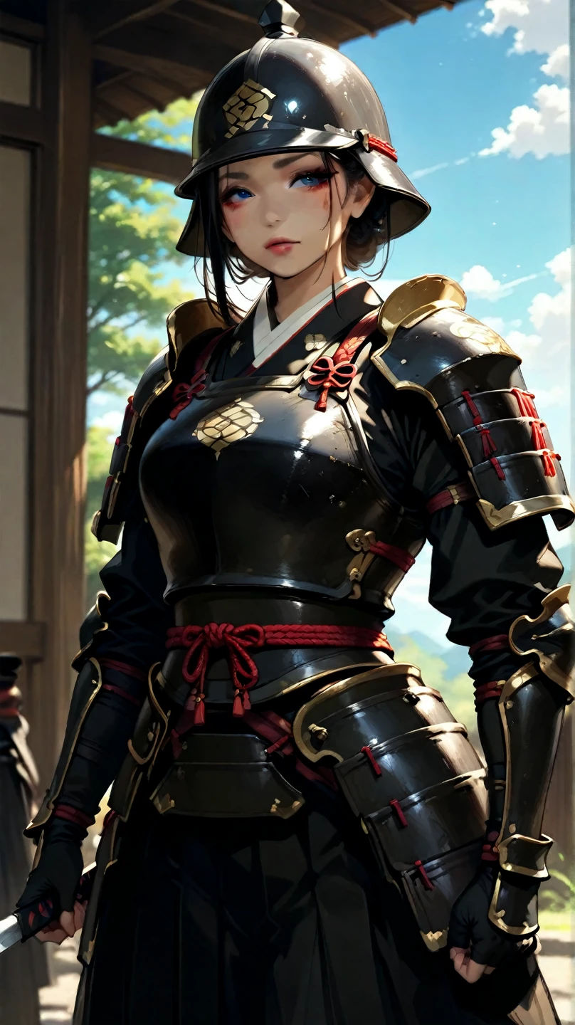 (High resolution, Pixels are perfect, luxurious illustration), (hyper quality, masutepiece, Ethereal: 1.4),(Solo:1.4), Black hair, ((((Very short hair)))), Yellow eyes, (angry), pale skin, (((((((muscular))))))), ((thick thighs)), ((Huge breasts)), (((((((Woman))))))), ((((A MILF)))), Samurai, (Japanese armor)), (((Red armor))), (Black Leotard), (((wide hips))), ((greybackground)), (Shiny skin), ((((overexposure)))),