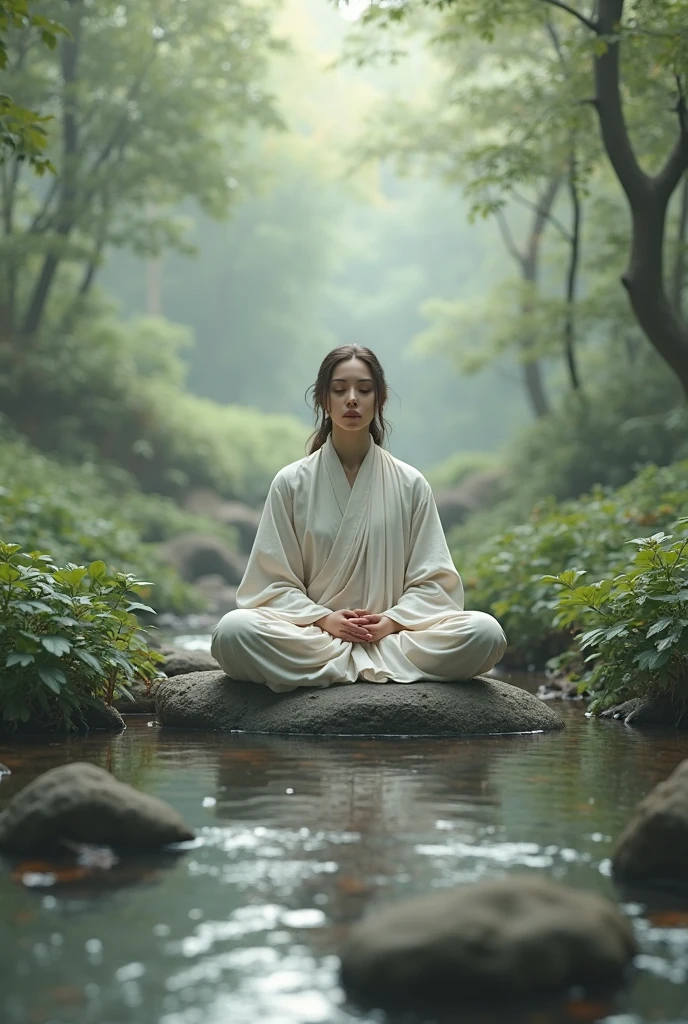 ((best quality)), ((masterpiece)), (detailed), A person meditating in a peaceful natural setting, surrounded by a gentle aura of light, with subtle ethereal elements representing spiritual energy