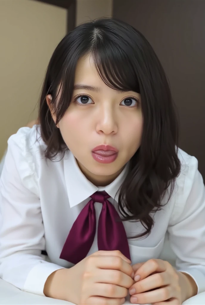 One woman、Excellent anatomy, masterpiece, Highest quality,Realistic, hyperRealistic, 16k hdr,(((Deep Throat))),NSFW、Tennis uniform、(((Facial)))、Shoot from the front、Focus on the face、Black Hair、short hair、bangs、Blowjob、Phimosis penis、Semen overflow、In the locker room