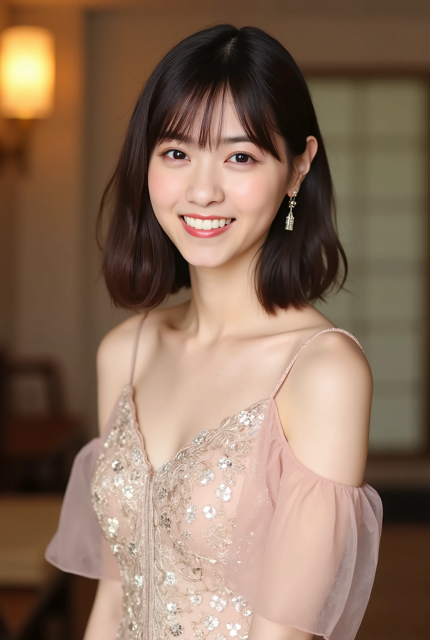 Create a realistic portrait of a beautiful Japanese female idol. She should have a slender body, small bust, and thin legs, with medium-length hair styled in a princess cut. Dress her in an elegant princess dress, and capture her gracefully smiling at the camera. The background should feature a luxurious indoor setting.