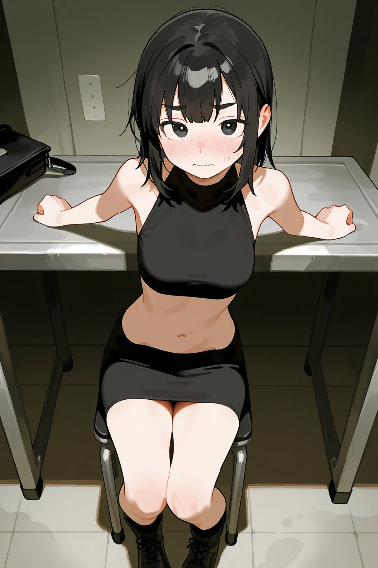 8k nude black eyes,  Blushing and embarrassed, No panties, Detailed face, Hands down, Small nipples, Dark hair, Drooling, Short hair, Looking slightly up, Hospital, Sitting in chair, Focus on face, Arms immobilized, Restraints