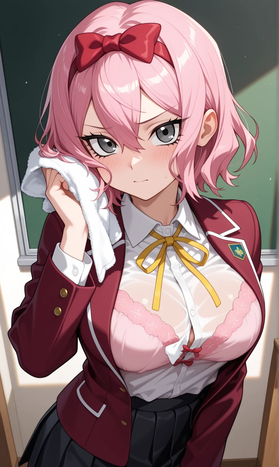 Female((18year old)), hair((short pink)), eyes((puppy eyes, green)), clothes((wool, cardigan, white, no bra, mini skirt, red, maroon, nips,)), accessories ((hair pin, name tag)), office, sitting on desk, smiling, shy, nervous , open legs, spread legs,