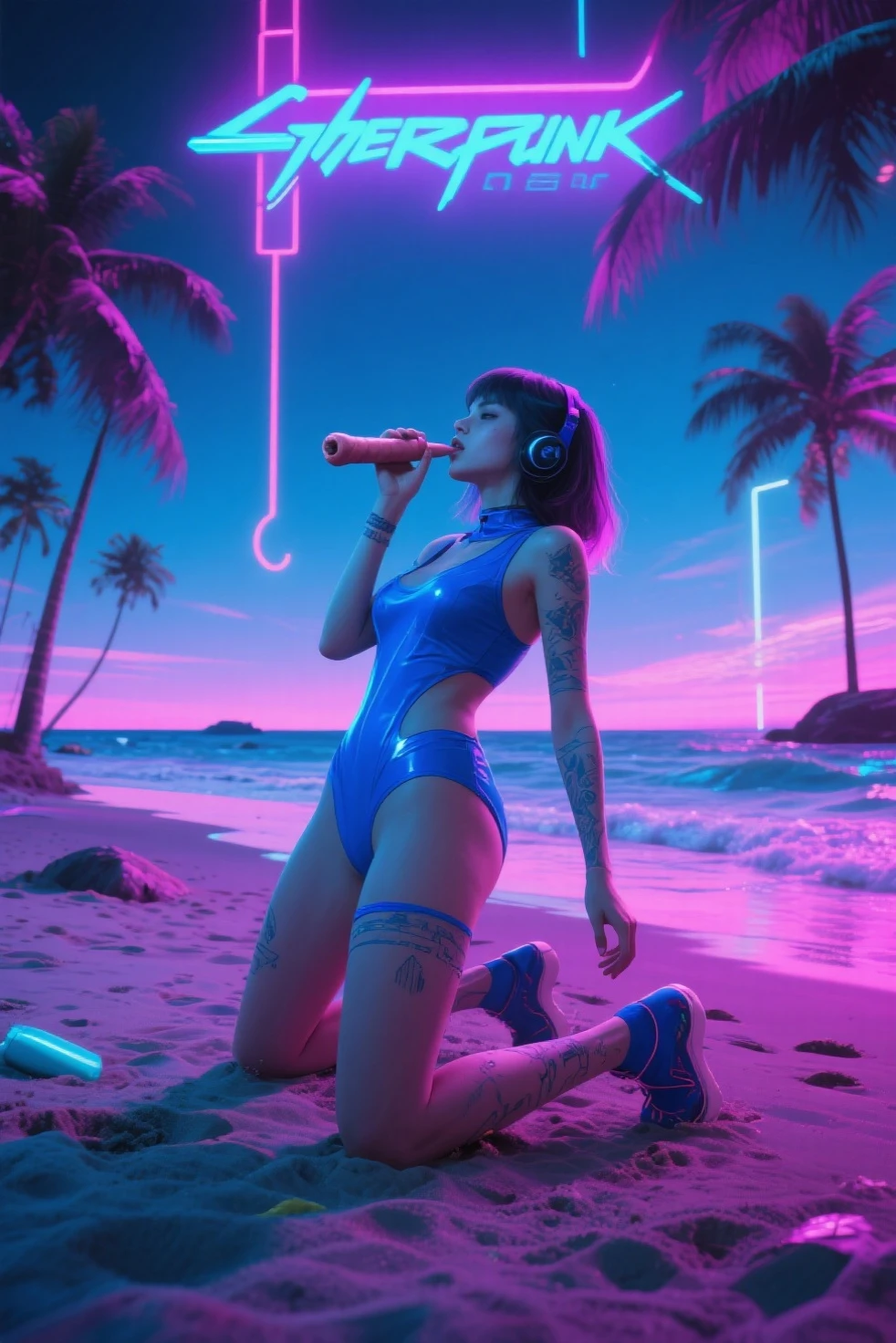 brightly lit image of a woman floating in a pool of water, 3 d neon art of a womens body, promo art, neon noir, neon jacuzzi, neon digital art, retrowave epic art, neon light and fantasy, neon ambience, stylized neon, artem demura beeple, beeple. hyperrealism