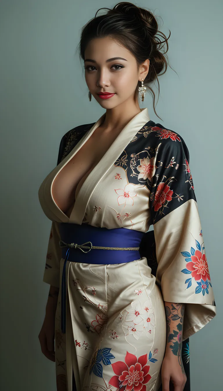 1girl, ((muscular body:1)), intricate, kimono, (eyeliner:1.2), looking at viewer,jewelry, detailed background,huge breasts (masterpiece, high quality:1),