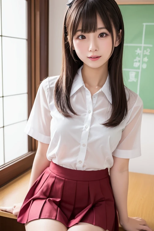 ((highest quality, 8K, masterpiece :1.3)), Photorealistic、Ultra-high resolution、Natural skin texture、Hyperrealism、Photograph from the knee up、12 year old beautiful Japanese girl、Large breasts、White collared shirt and tie、Checkered mini skirt、Serious expression、Pain and gasping