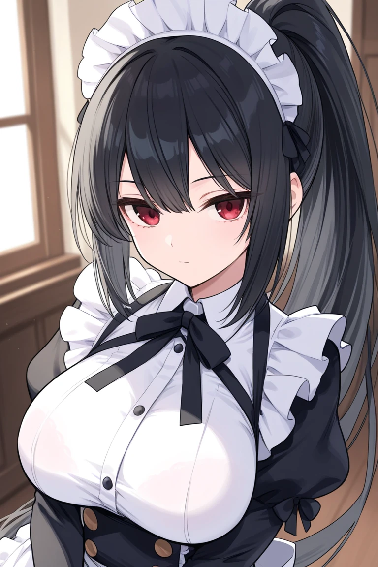 best quality, masterpiece, highres, solo, {schwarz_arknights:0.90}, 1girl, black_dress, looking_at_viewer, maid_headdress, enmaided, simple_background, white_apron, white_background, cowboy_shot, cleavage, frilled_apron, frilled_dress, maid_apron, puffy_short_sleeves, standing, thigh_strap, thighhighs, waist_apron