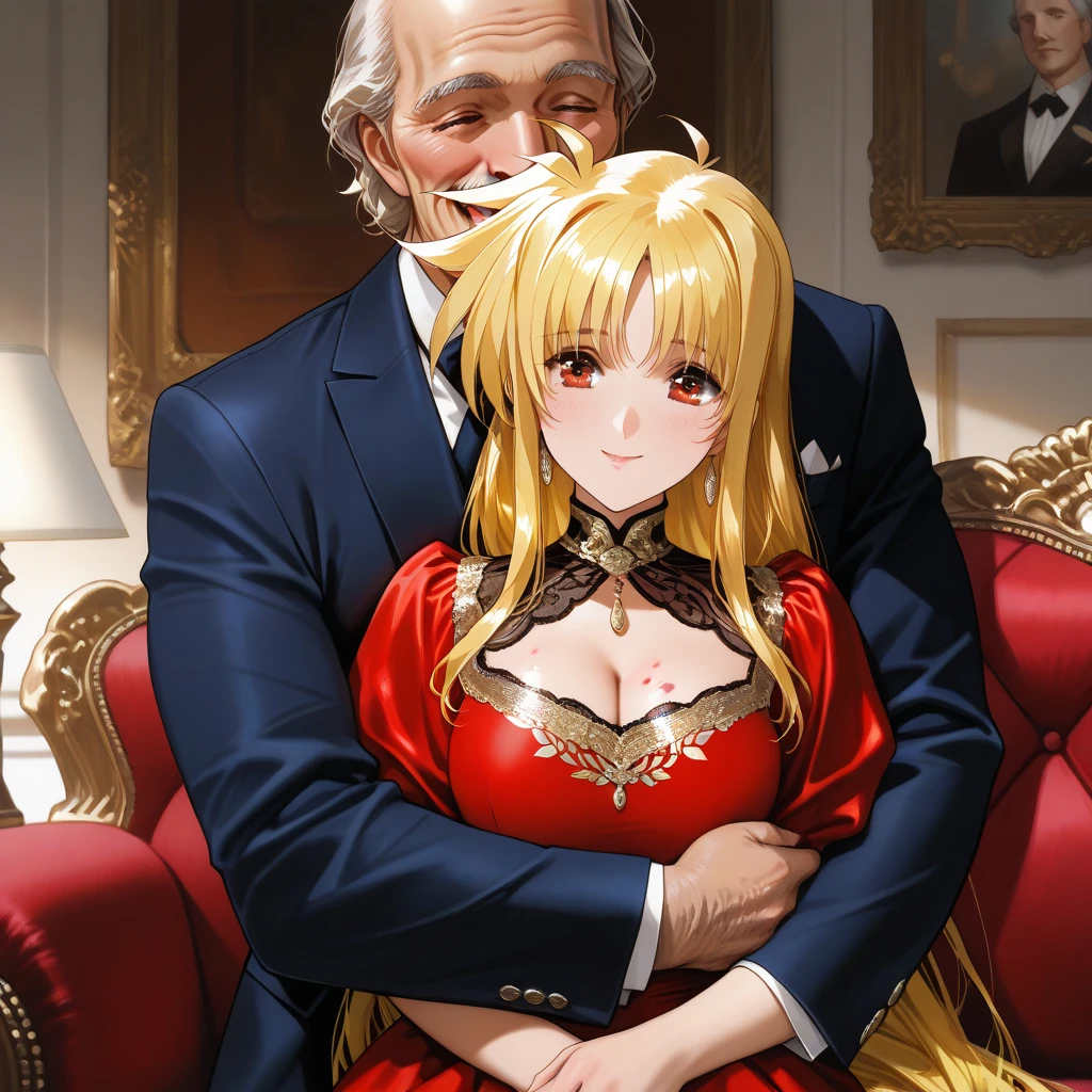 ((Highest quality)), ((masterpiece)), (detailed), （Perfect Face）、The woman is a Tier, with green eyes, medium-long blonde hair, and is wearing a luxurious black maternity dress with gold embroidery and trim, jeweled earrings, and an engagement ring. The woman is holding her baby daughter in both hands.、The woman is sitting close to the man on a luxurious sofa in a luxurious room, the couple sitting side by side、The man is a dignified, bearded old man, extremely wealthy, wearing an expensive suit with lavish gold embroidery and trim, and wearing an engagement ring.