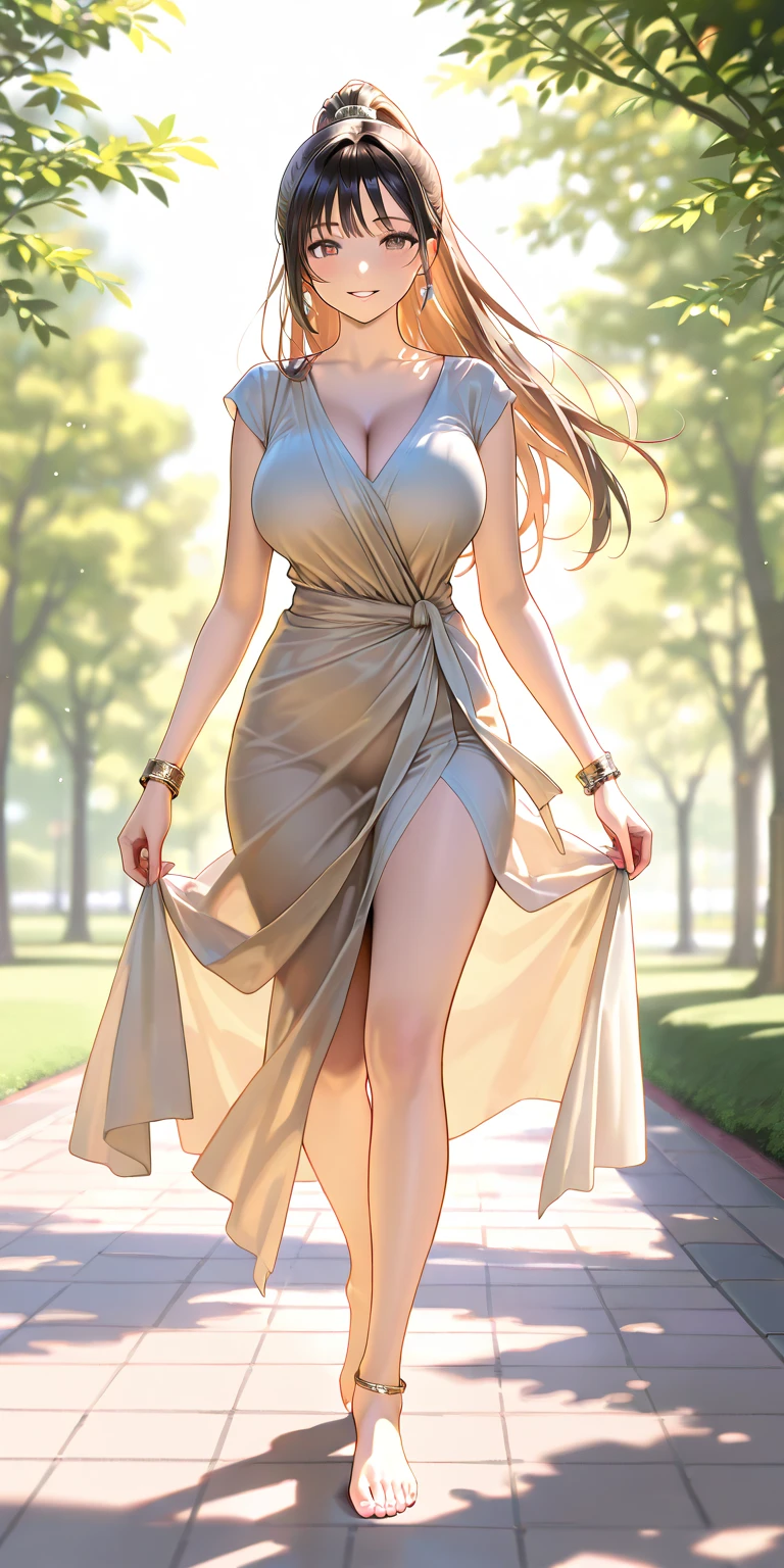 Full body blonde Scandinavian goddess muscle tension full body, Elsa Hosk (Elsa Hosk) s face, Huge breasts, Deep V-neck white silk dress, barefoot, amber necklaces, Light blue eyes, Blonde wavy hair, Red lips, The gaze, Volumetric Lighting, Practical, Grassland background, Jewelry, Practical, Raw, simulation, Miss, photoPractical, simulation, realism