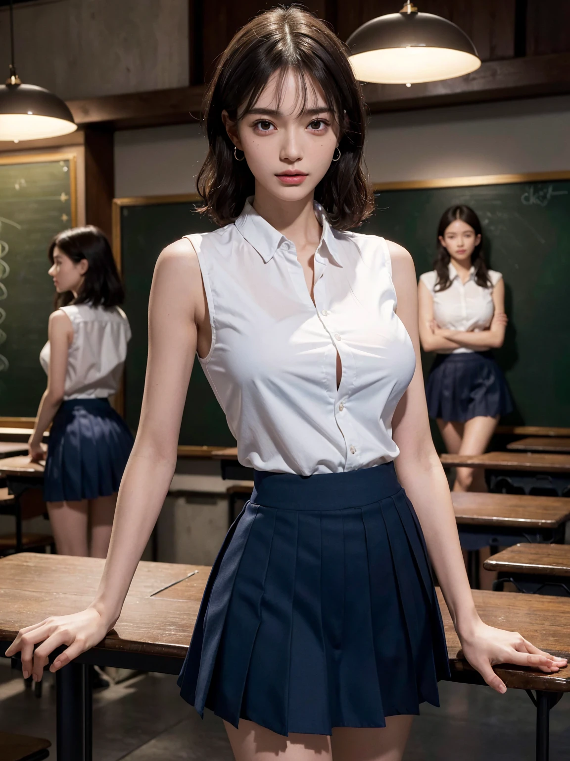 absurderes, Raw photo, Extremely delicate and beautiful, masutepiece, Best Quality, Ultra High Resolution, 16 K, hyper realisitic, Ultra-detailed, Perfect Anatomy, Ultra-detailed細なスキン, Perfect figure, Very detailed CG 8k wallpaper, in her 20s, Very slim body, Narrow waist, Very small head, Very small face, Delicate facial features, tear moles, Earring, thin legs, (very massive round chest), 3 girls, (Full body shot), Bare legs, Short hair, Wavy Hair, light brown hair, ((Wet)), (School uniform), Skirt, collared dress shirt, bed, Sleeveless, Guitar Case,