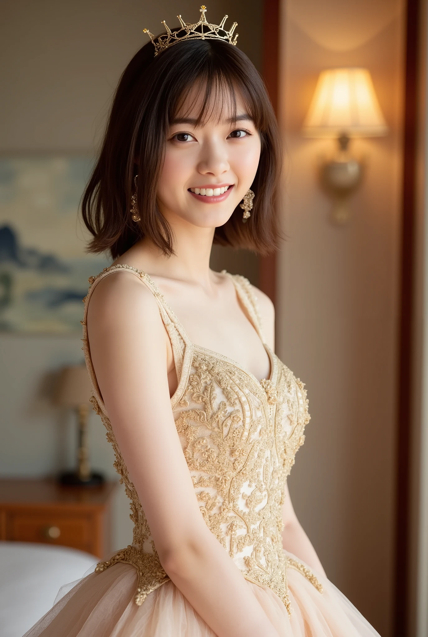 Create a realistic portrait of a beautiful Japanese female idol. She should have a slender body, small bust, and thin legs, with medium-length hair styled in a princess cut. Dress her in an elegant princess dress, and capture her gracefully smiling at the camera. The background should feature a luxurious indoor setting.