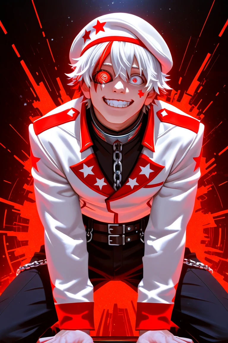(best quality, masterpiece), 1boy, upper body, wound, blood splatters, blood, formal, looking down, looking at the viewer, white hair, red eyes, hand in pocket, thin, smile, kaworu nagisa, evangelion