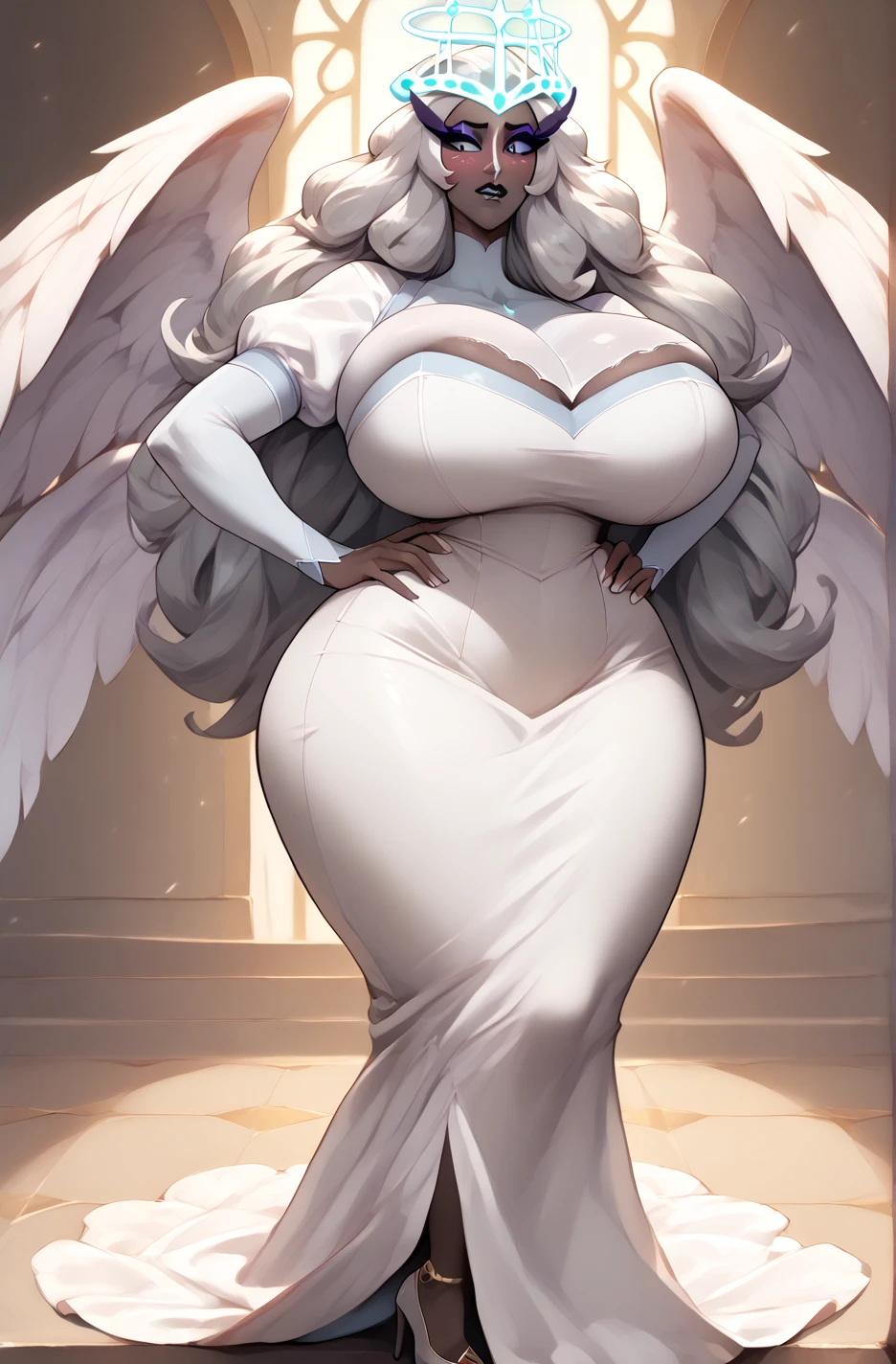 mature female, mom, milf, 40 year old woman, angel wings, very long hair, big hair, ((red lips)), thick lips, puffy lips, seductive smile, parted lips, makeup , eyeshadow, hourglass figure, tall, wide hips, ((thick thighs)), big ass, smile, parted lips, (huge breasts), sagging breasts, deep cleavage, skindentation, tall, oily breasts, white dress, ((big earrings)), ((necklace)), leaf hair ornament, halo, bracelets, sky, clouds, (sexy pose), hip and thigh focus, oily breasts, head tilt, dutch angle, front view, arms out, full body, anklet, bare feet
