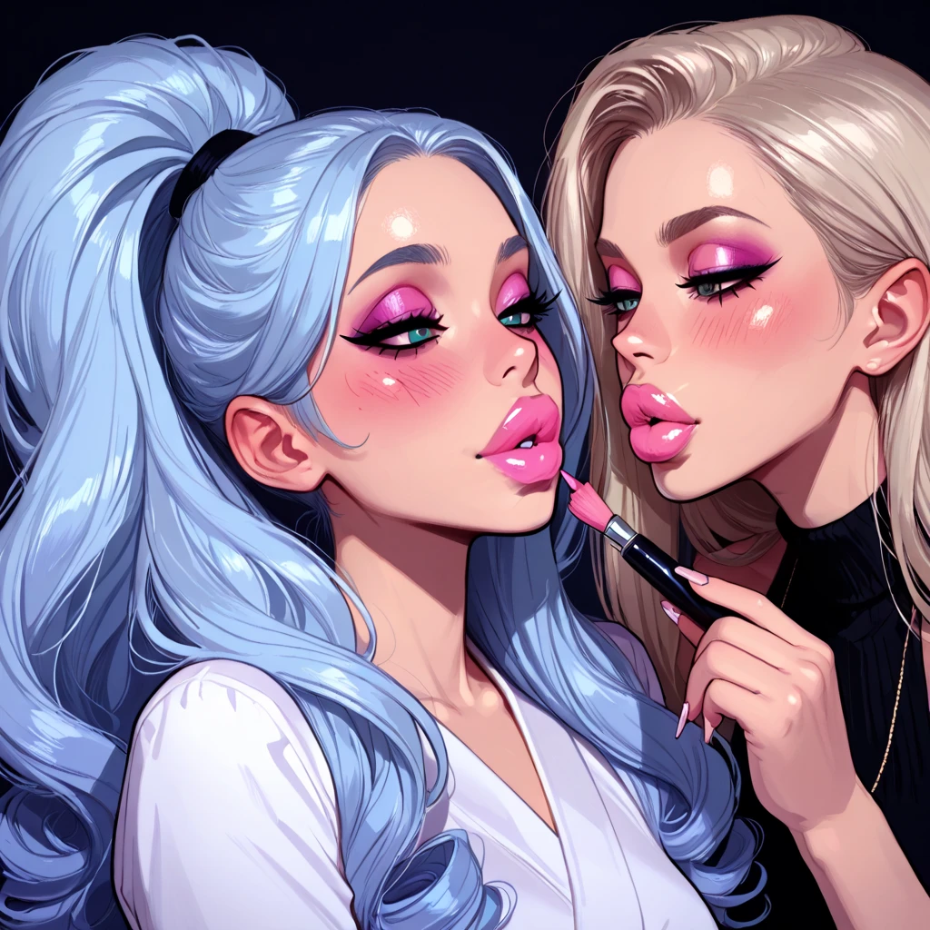 two women with pink hair and blue makeup kissing each other, lesbian kiss, lesbian art, bisexual lighting, artem demura beeple, beautiful sci - fi twins, rossdraws pastel vibrant, cyan and magenta, realism | beeple, dreamy colorful cyberpunk colors, pink and blue colors, beeple and jeremiah ketner, recusion beeple