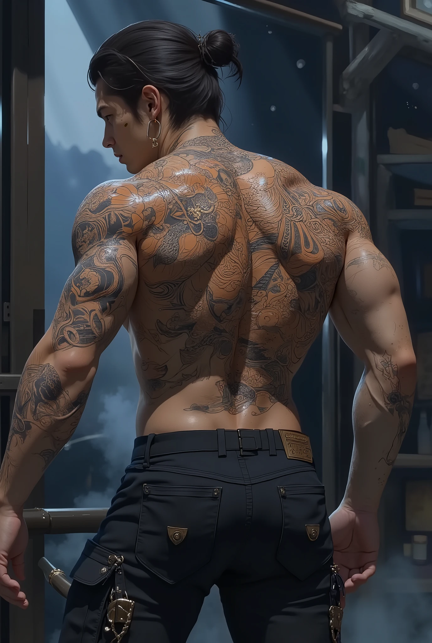 Black and white photography of a martial artist, anime guy, dunjeon room, dragon tattoo on the back of the guy, back view