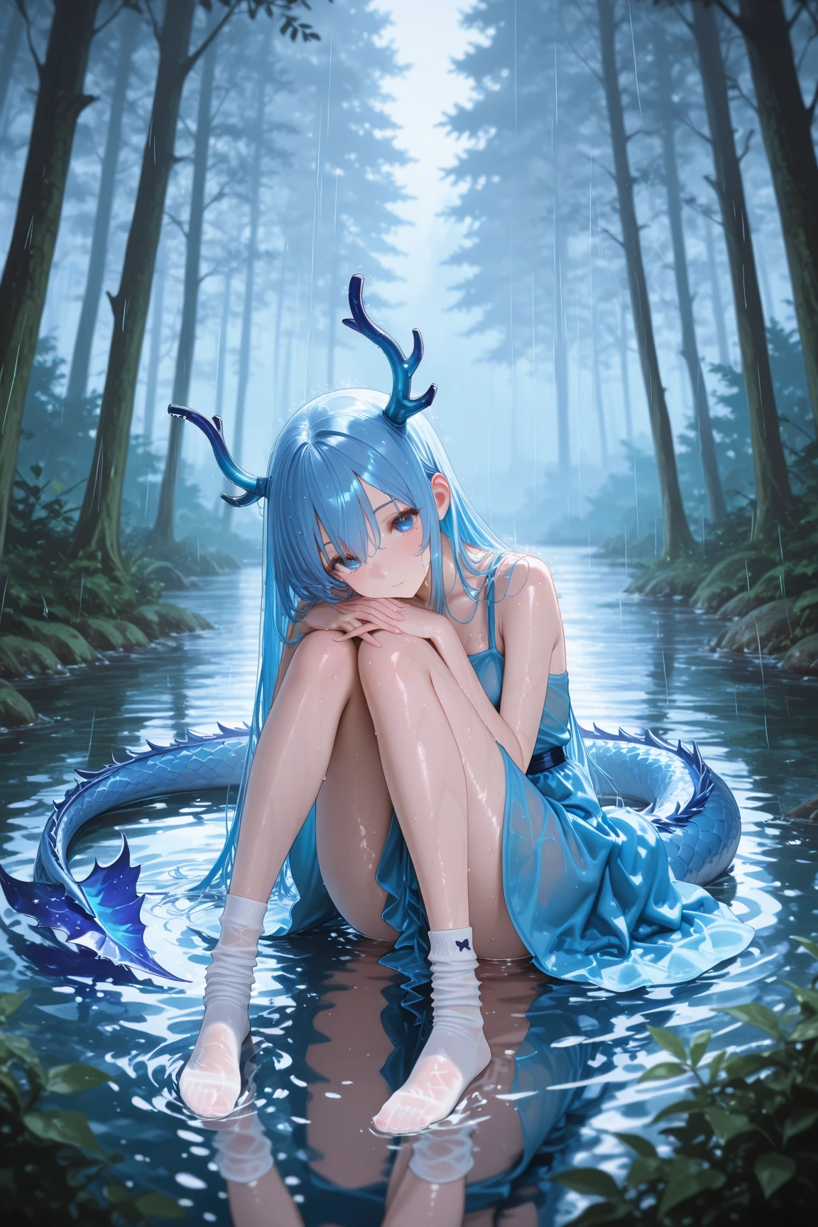 A blue dragon girl with a long blue dragon tail and blue dragon horns kneeling on the ground,Her whole body was tied up with chains,The tail was tied firmly to a railing。She felt miserable.,I kept trying to break free but failed.