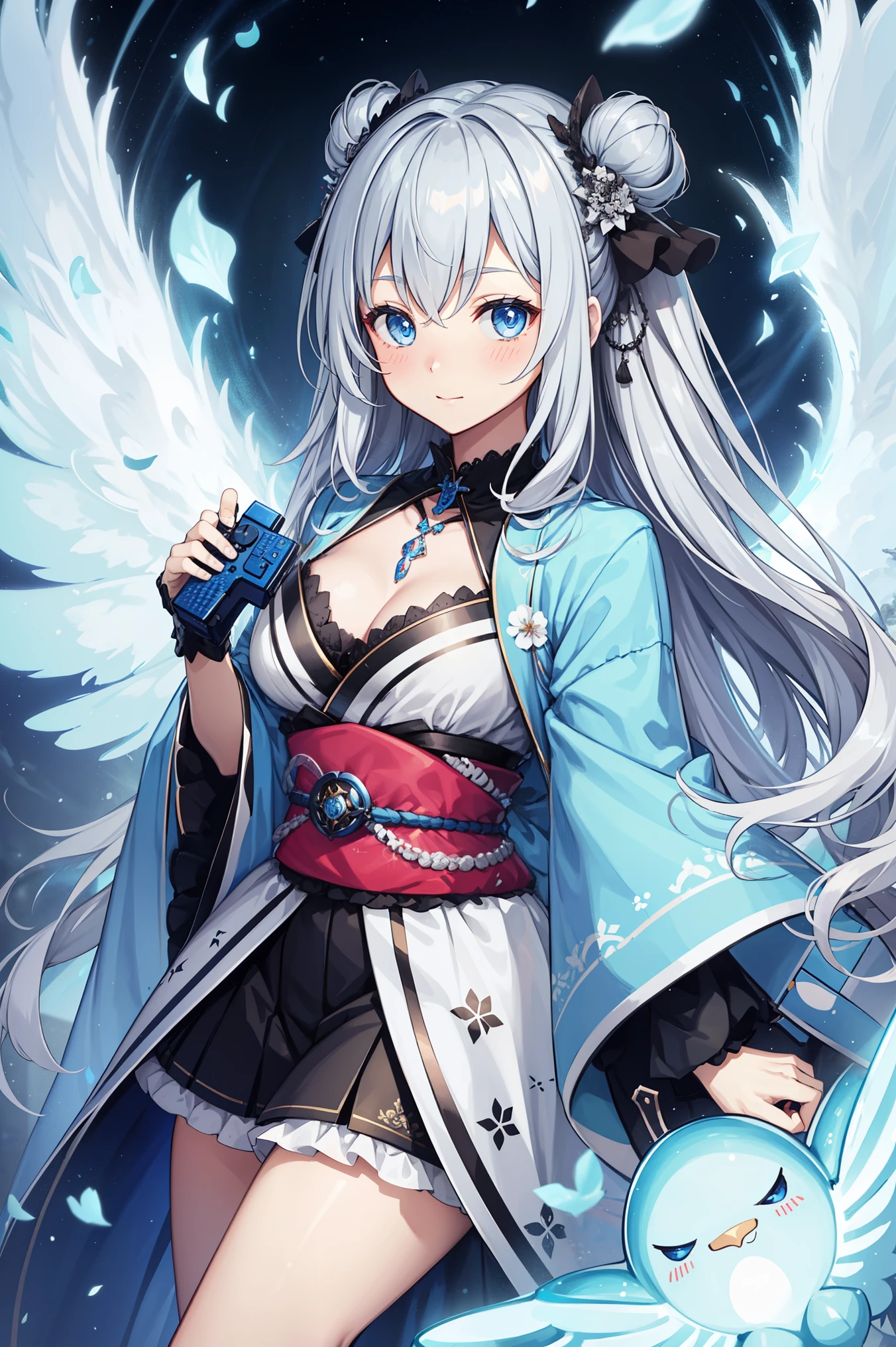 Young Girls, long white hair, Double tail, Red Eyes, Blue sleeveless kimono, Smile, masterpiece, high quality