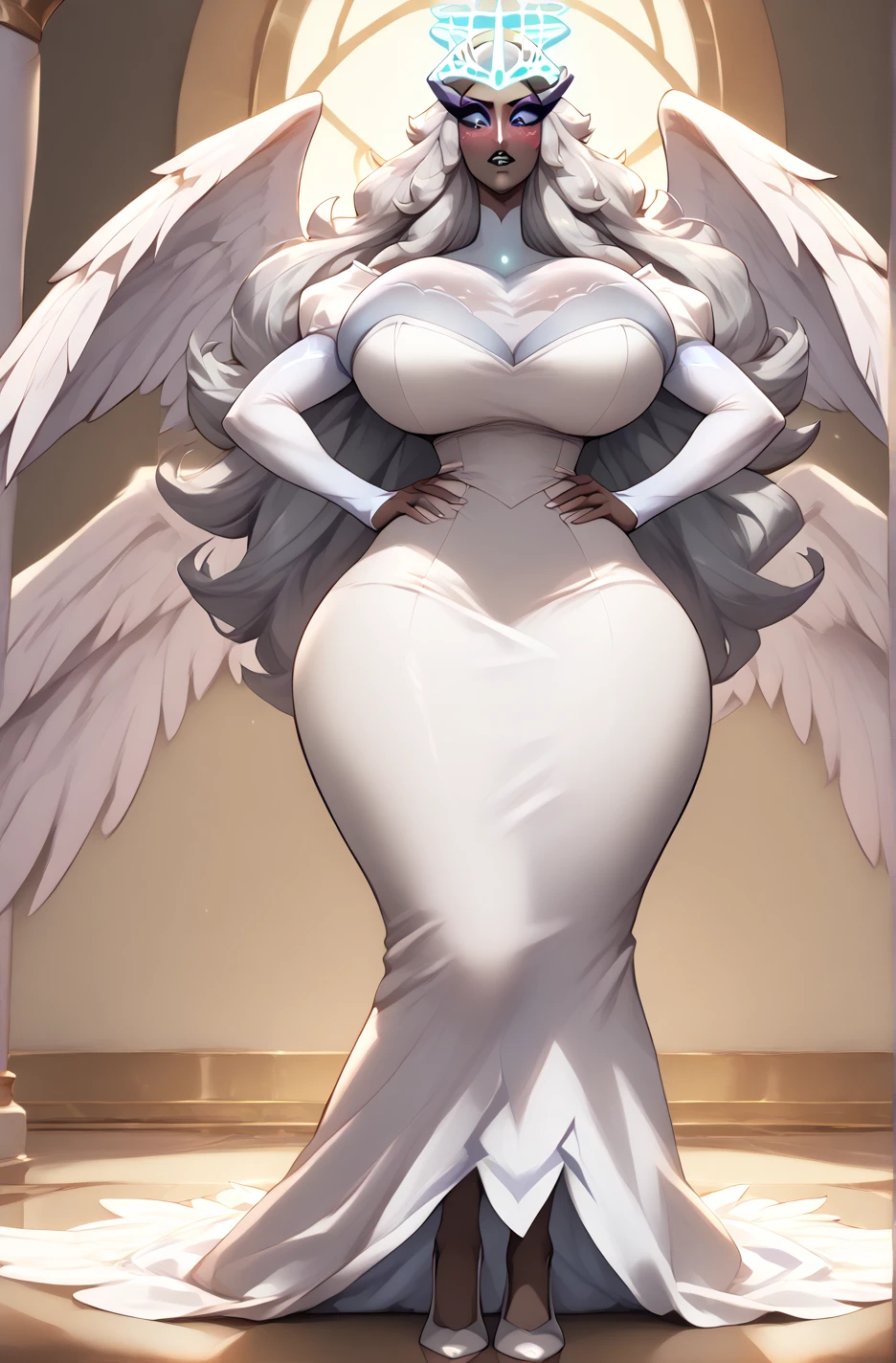hydaelyn_tpa, 1girl, veil, white bodysuit, white wings, cape, lipstick, crown, smile, , highly detailed, absurdres, masterpiece,alone, walking, long dress, full body, big breast