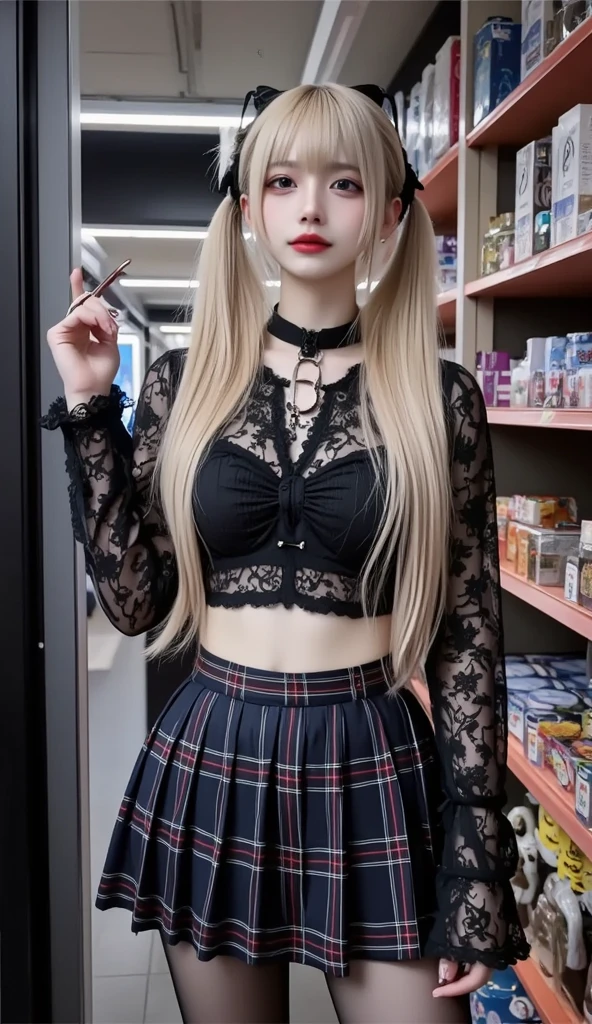 raw photo, 8k, (top-quality), Realistic, (real picture, Intricate details), (natural skin texture, detailed skin, hyper realism, sharpness), Japanese teenage glasses girl standing in a recording studio, White see-through bra, (pleated red plaid skirt), white Socks, (pale skin:1.2, flat chest:1.4), slender body, ((twin tail hairstyle, blunt bangs)), (glasses seductive face, Parted lips:1.3, eye bag:1.2, red thick lips), thighs, recording equipment, full body shot