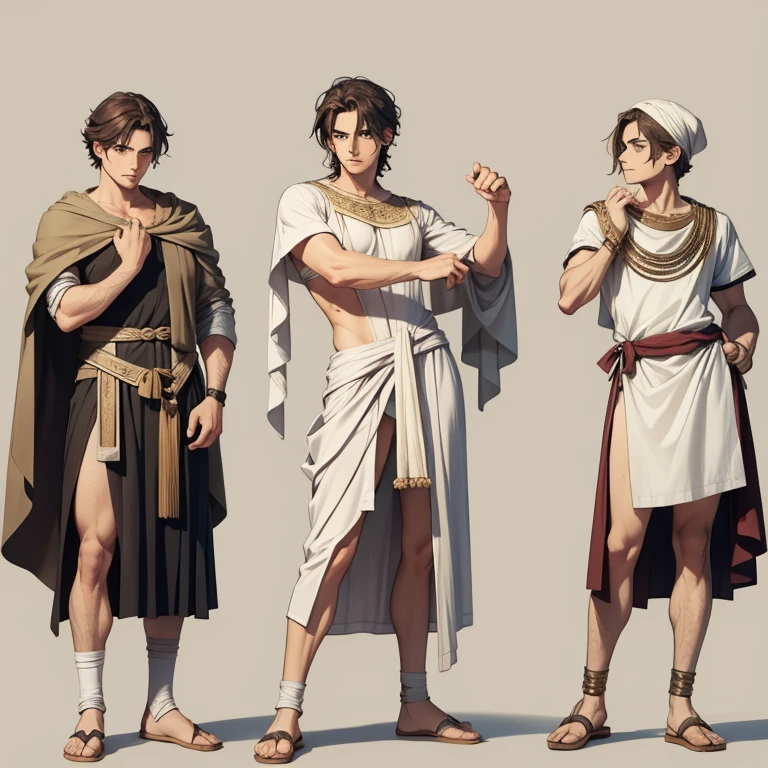 A handsome teenager with wheat-colored skin and brown eyes,in three different positions,Roman clothes.short black hair