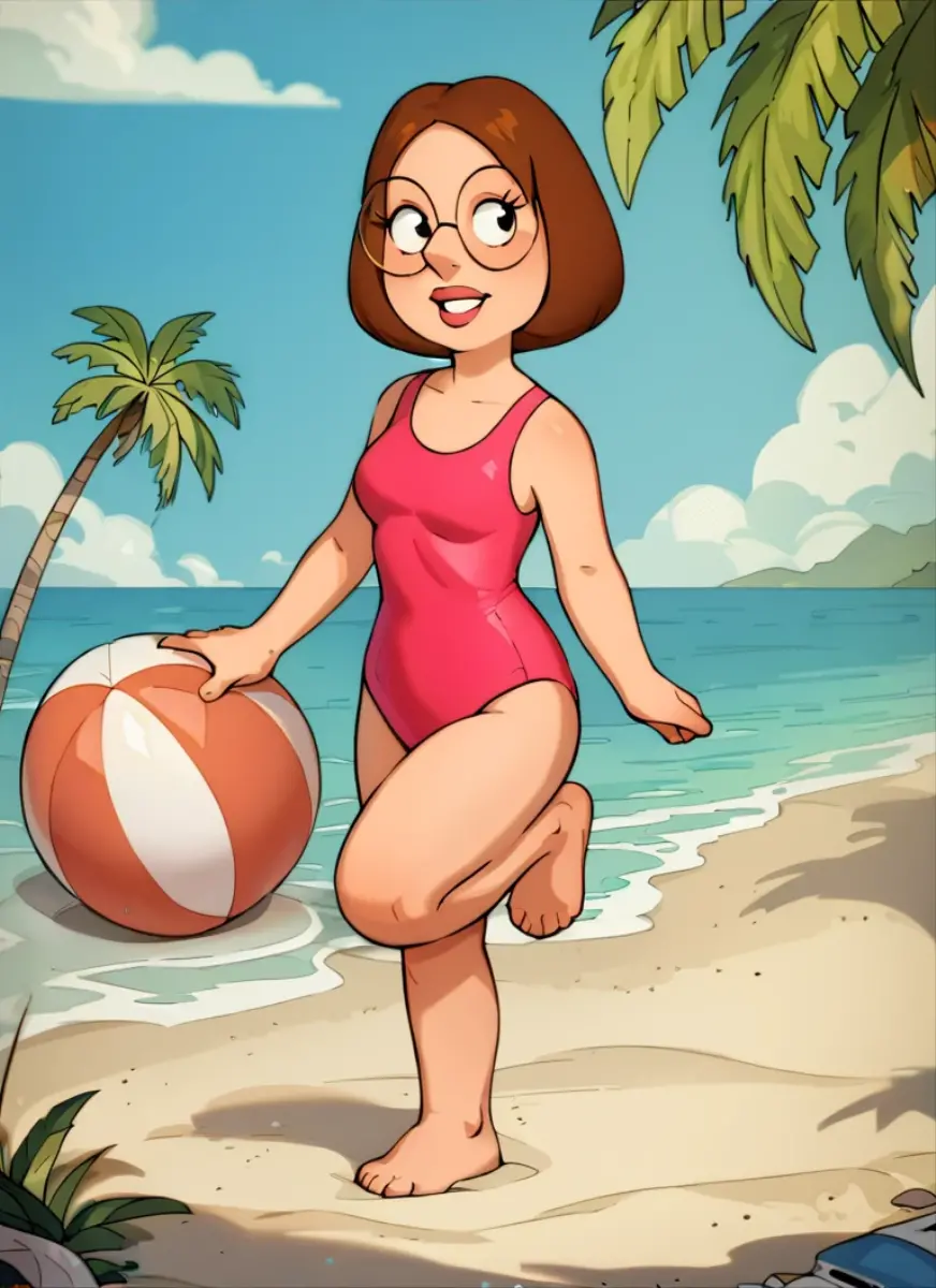 meg, 1girl, ball, swimsuit, solo, beachball, brown hair, tree, sky, one-piece swimsuit, beach, outdoors, blue sky, glasses, cloud, palm tree, day, red one-piece swimsuit, short hair, flat color, ass, pink one-piece swimsuit, round eyewear smile, <lora:Meg(FG)-000008:0.8>