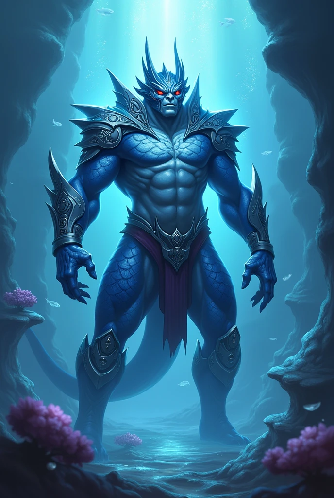 anthro, male sea dragon, muscular, big body, blue body, handsome. (full nude,) night, loincloth, smile, blush, sweating, realistic, Undersea, swiming, A floating pose, Under the Cloth erection, bulge,