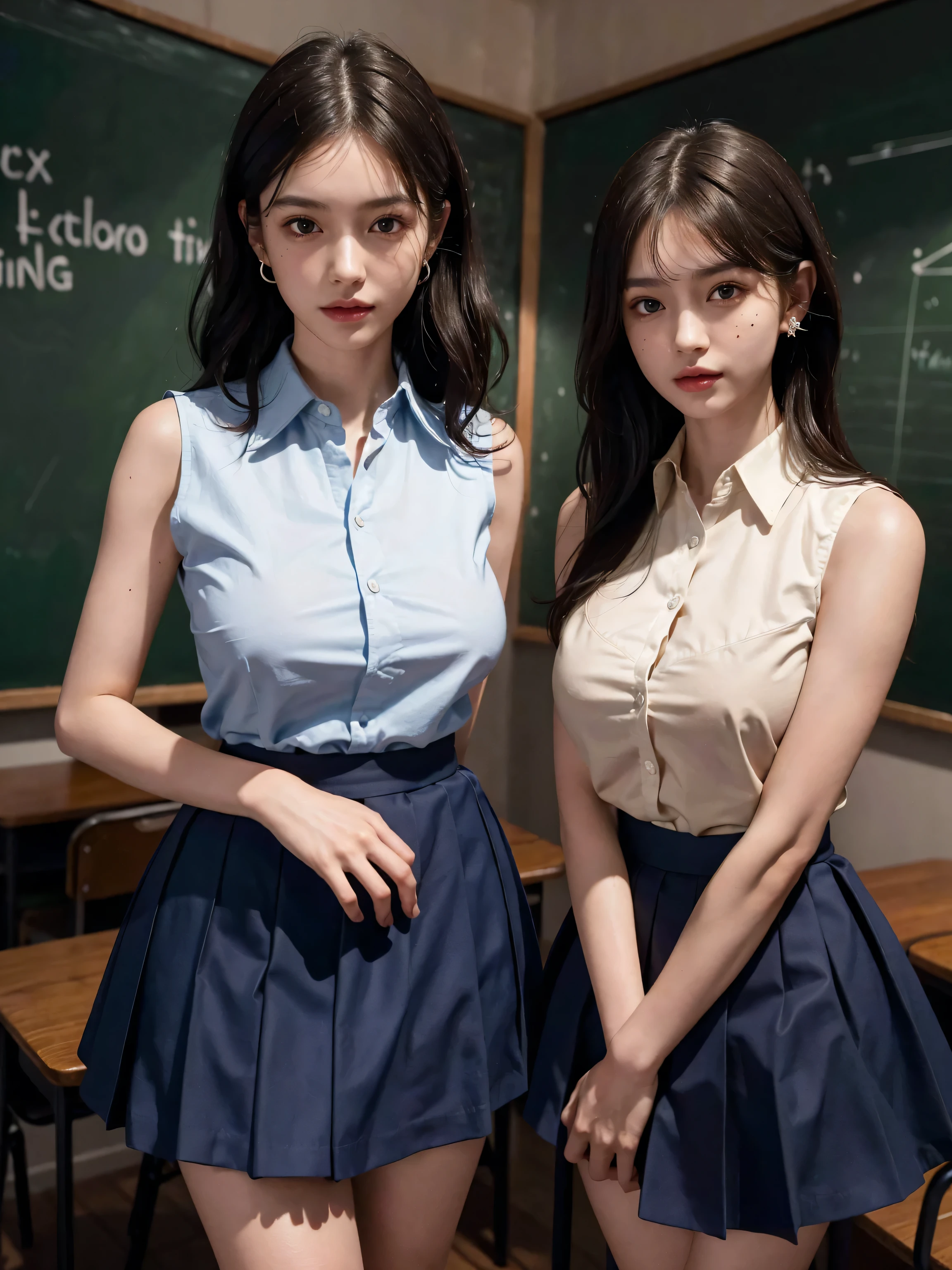(masterpiece:1.2, top-quality), (realistic, photorealistic:1.4), beautiful illustration, 
looking at viewer, full body, front view:0.6, 
1 girl, japanese, high school girl, (long hair:1.5), blown hair, (half up, half updo), bangs, hair between eye, large breasts:0.8, 
beautiful hair, beautiful face, beautiful detailed eyes, beautiful clavicle, beautiful body, beautiful chest, beautiful thigh, beautiful legs, beautiful fingers, 
(beautiful scenery), , school,
((collared short sleeve shirt, white shirt, , grey plaid pleated skirt, blue plaid bow tie)), white panties, 
(standing, , lift up skirt, grab the hem of the skirt, hands on chest, hand between legs), 
blush, ,