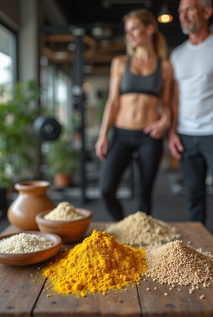 busy gym trainers at the background, keto food and detox juice on the table, keto food is in the round kraft paper bowl, almonds in the small pvc cup