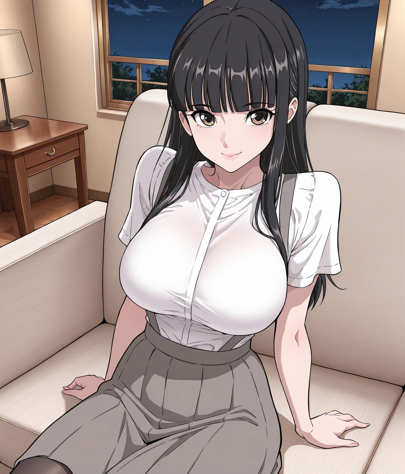 shinkai makoto, kimi no na wa., 1boy, buzzcut, iffice suit,boy touching girl chest,chestgrope from behind, kiss cheeks, passionate hug, boy is hugging from behind, 1girl, bangs, black hair, brown eyes, twisted half up, red ribbon, long hair, long sleeve light yellow cardigan, open shirt, white shirt, cleavage, breast, medium breast, blue pants, name tag written "LUMINE Miyamizu", looking at the viewer, indoors, jewelry shop, indoors, mallmasterpiece, perfect anatomy, cowboyshot