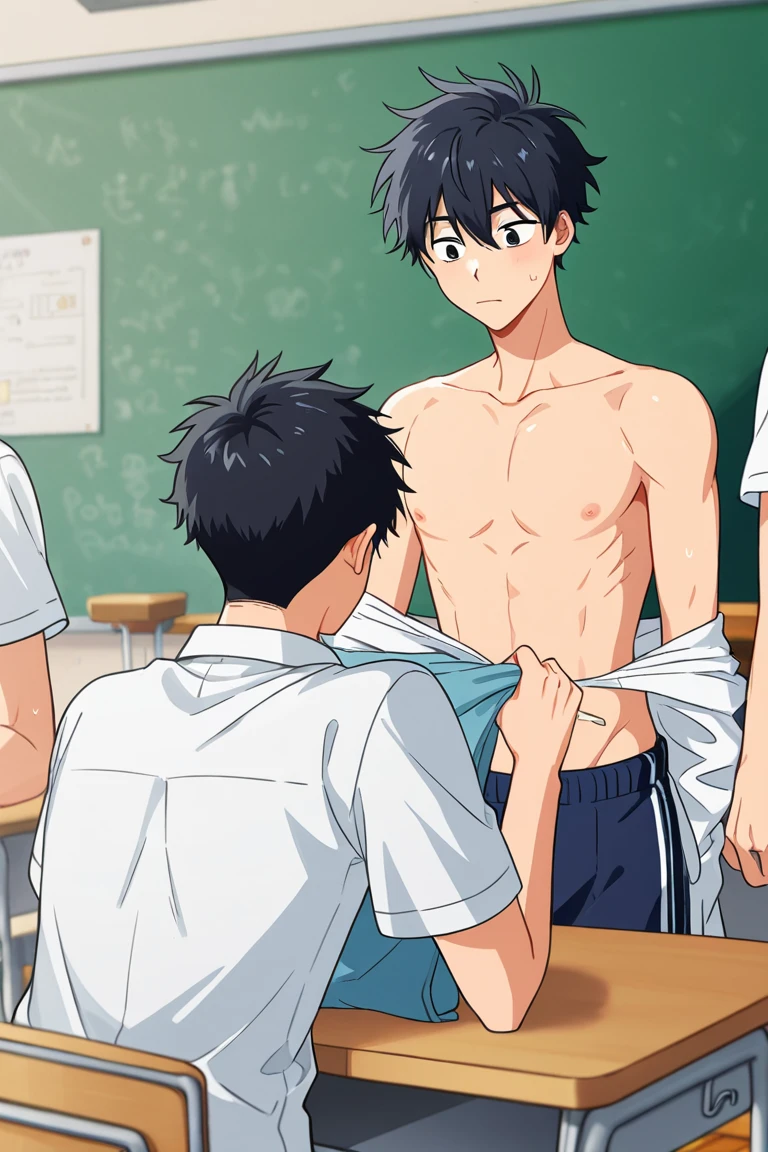 1boy、Cute handsome man、Japanese male, 、handsome man、Mash Hair、Completely naked、Full nudity、erection、Huge penis、Highest quality、Realistic、beautiful、Sad look、Cover your penis with both hands、In front of the blackboard in the classroom、Many students、完全Completely naked、Full nudity