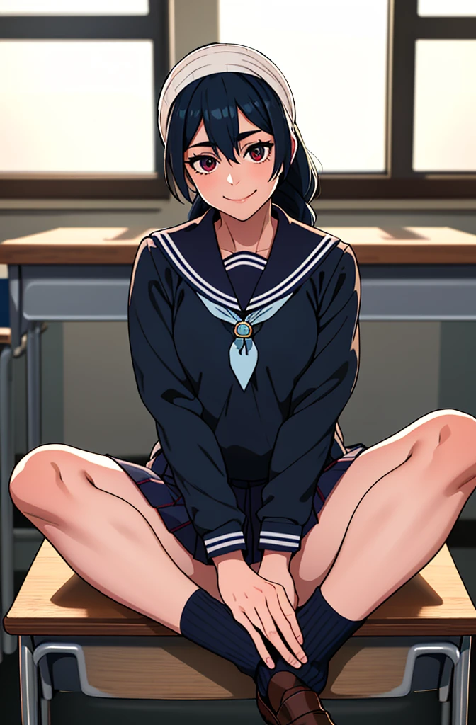 (masterpiece, highest quality: 1.2), alone, 1 girl, alone, panties，，black，string panties，Sailor suit，blazer，your heather, smile, Mouth closed, View audience, Long black hair, head band,  Earrings, Big Breasts, Medium Waist, Medium Hips, wide thighs, Embarrassing, charm, smiling with her Mouth closed, Good move..., Excellent anatomy,panties，nsfw，classroom，，Sailor suit，blazer，skirt， (((skirtめくり, I can see your pants)))，sitting on the desk，love juice spilling on the floor, liquid splashing from girl&#39;Between the legs，