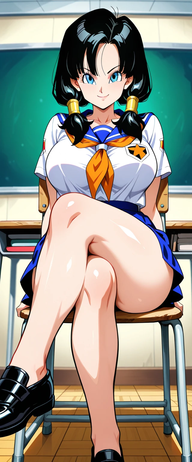 1girl,front view,Facing forward,looking at viewer,{{gigantic breasts!!!!}},big breasts!!,anime colored,smile,cheerleader,gleaming skin,bob cut,black hair,blue eye