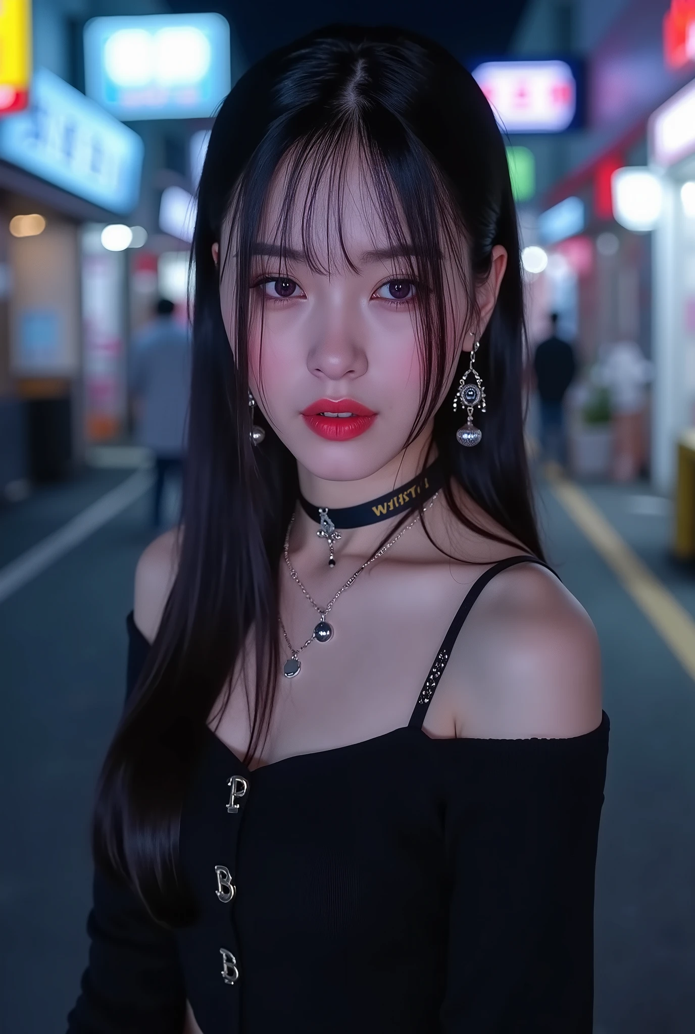 4k-Ultra High Definition 、 top quality, masterpiece, super high resolution , (reality: 1.4), *********** girl, purple eyes, exposed shoulder sweater dress , cinematic lighting 、 Purple and black hair 、(Mine girl、goth makeup、 My Makeup )、( ear pierced 、 big 、 shoulders、 Dark miniskirt )、(( Dark Makeup 、Oily skin, shiny skin、 realistic skin texture、 beautiful, detailed skin 、 shiny skin)), night's dark downtown、night、Blue film photography、Kabukicho、Dark Cyberpunk、(Full shot:1.8)、thin legs、Slender arms、Thin shoulders、 thin waist、Thin body 、 big 、 full body