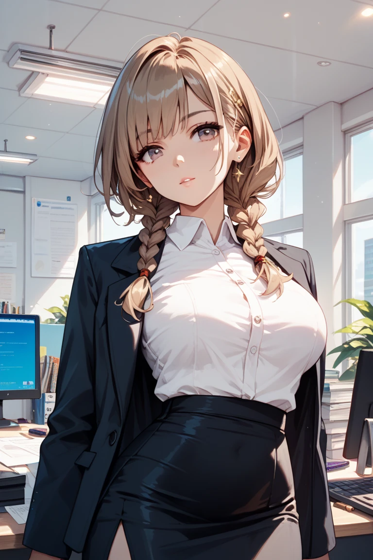 masterpiece, best quality, 1 girl, solo, teenager, large breasts, light brown eyes, bangs, brond hair, braids hair, office staff suit, jacket, pencil skirt, upper body, standing, office