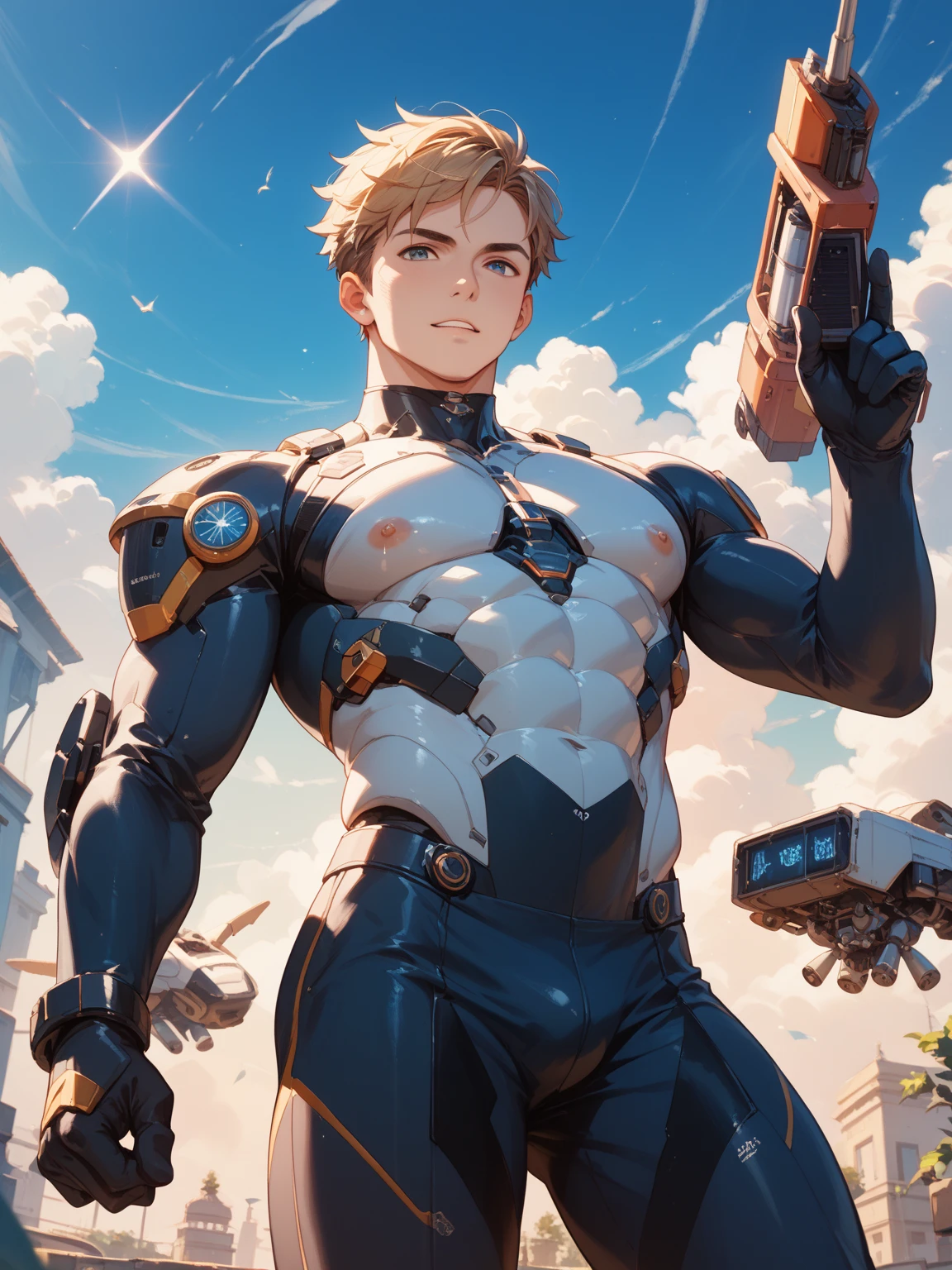 a very cute picture of a 2male focus,1boy, solo, undies, short hair, male speedo, white male speedo, muscular male, muscular, pantless, black-blond hair, white latex suit, spandex, tight suit, muscles
