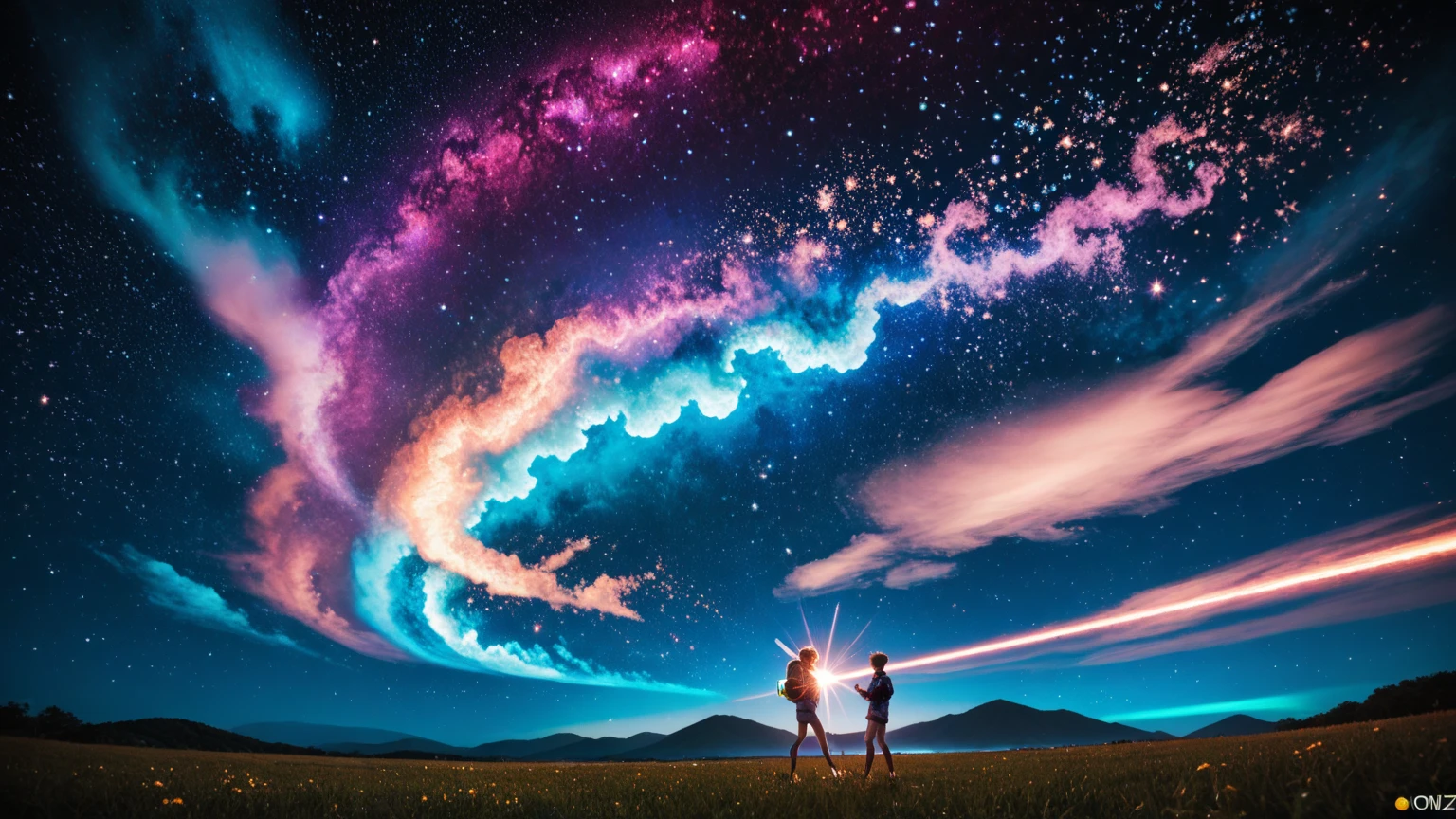 1 Girls are holding hands, focus upwards, Hair Lighting, Translucent very long messy upward nebula sky hair, Night, ultra-quality,