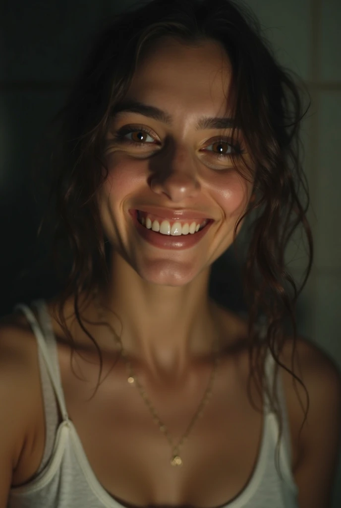 a hot lady, bare shoulder, sweaty skin droplets, shoulder off, subtle smiling, red lips, wet hair, medium shot, rainy short dark cinematic, big cleavage visible, one shirt strips goes down