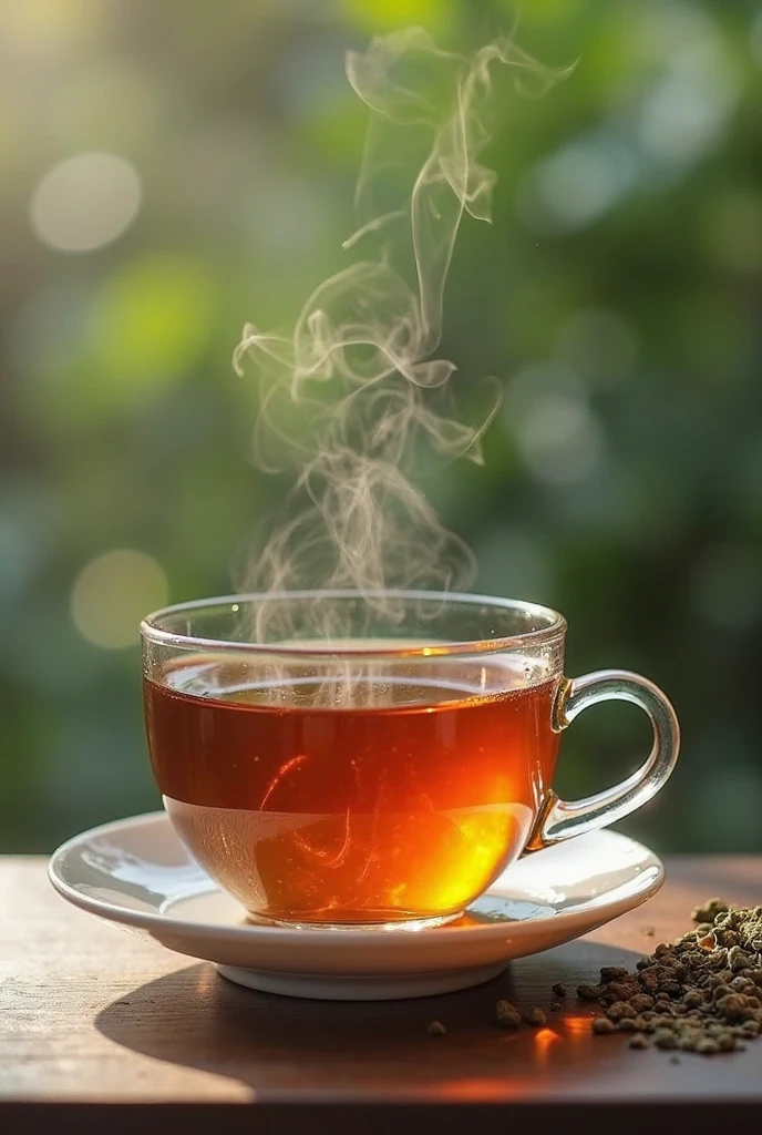 a cup of hot tea,steam rising from the cup,delicate ceramic teacup,beautifully detailed tea leaves,fragrant tea aroma,(best quality,highres,masterpiece:1.2),vibrant colors,soft lighting,warm and cozy atmosphere,relaxing ambience