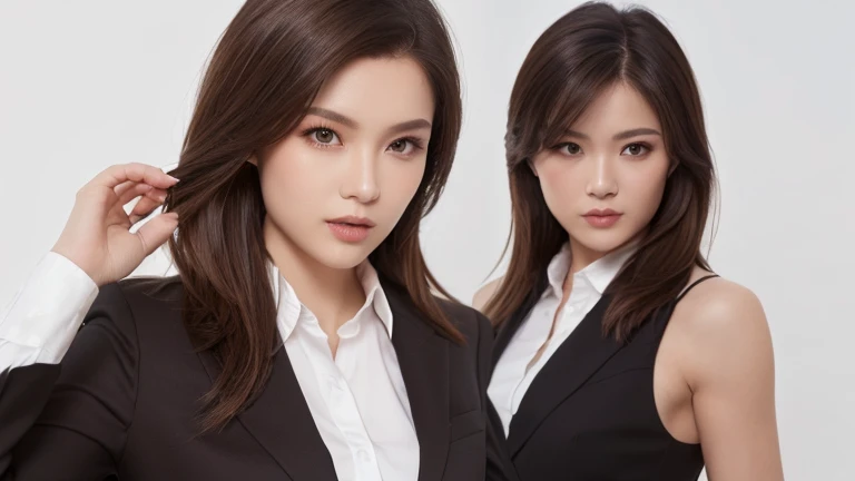 table top, highest quality, realistic, super detailed, finely, High resolution, 8k wallpaper, 1 beautiful woman,, light brown messy hair, wearing a business suit, sharp focus, perfect dynamic composition, beautiful and fine eyes, fine hair, Detailed realistic skin texture, smile, close-up portrait, model body shape