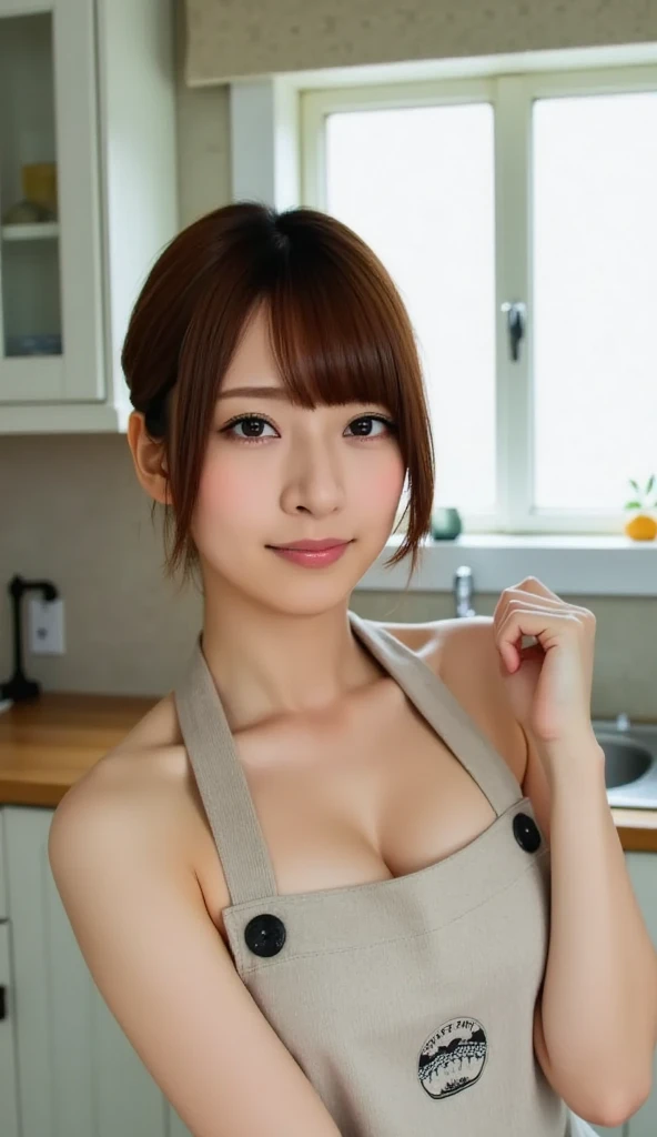Very detailed CG Unity 8k 壁紙, Highest quality, Very detailed, masterpiece, Realistic, Photorealistic, Very detailed美しい女の子, Age 25 , （office lady）,  smile , Round eyes, Small breasts , The audience is, Half Body Shot  , kitchen ,  breakfast ,  ponytail　hamburger