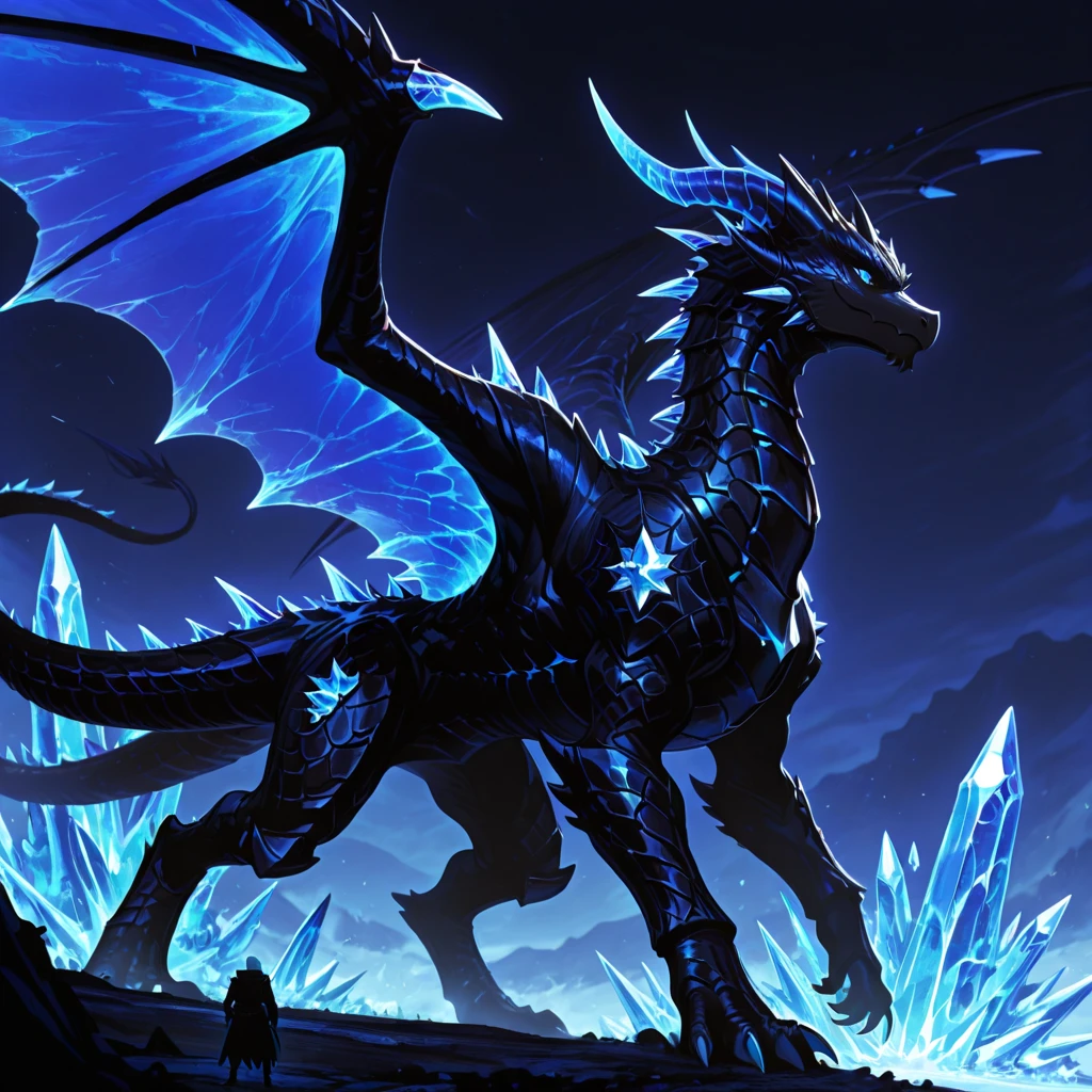 Create a dragon that has an imposing and robust shape. Its broad, membranous wings are covered by a layer of black ice, gleaming with a cool luminosity. Its long, thick tail seems to be made of ice so dark it borders on black, emanating a sense of intense coldness. Its head is adorned with horns curved backwards, wrapped in an icy aura. His eyes, with dark blue irises, glow with a freezing glow. He possesses the ability to spit out ice with a black hue, an ice so cold that it comes close to absolute zero, and that it never melts. --auto --s2