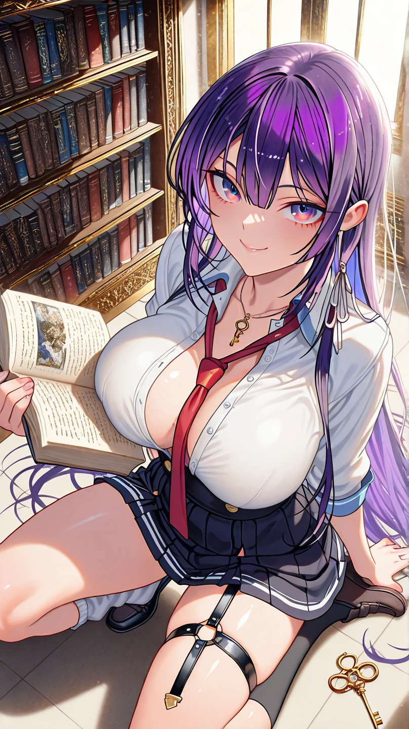 one sexy purple hair anime girl sit and studying, big breasts cleavage, night outside